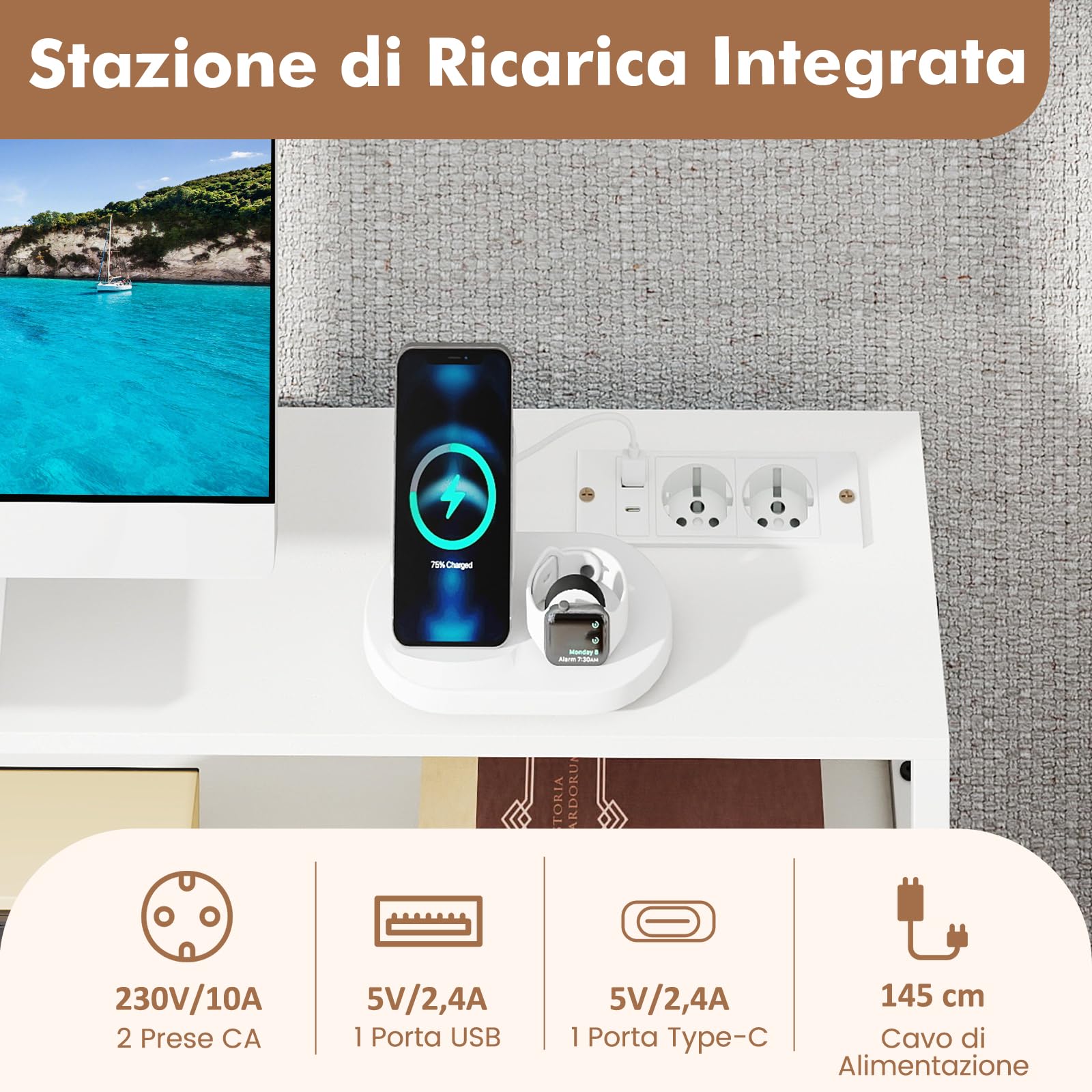 COSTWAY Scrivania per Computer con Supporto Monitor, Set Scrivania Salvaspazio con Sgabello, 3 Cassetti, Tasche Laterali, Stazione di Ricarica, Set Toeletta Trucco per Soggiorno Studio (Bianco)