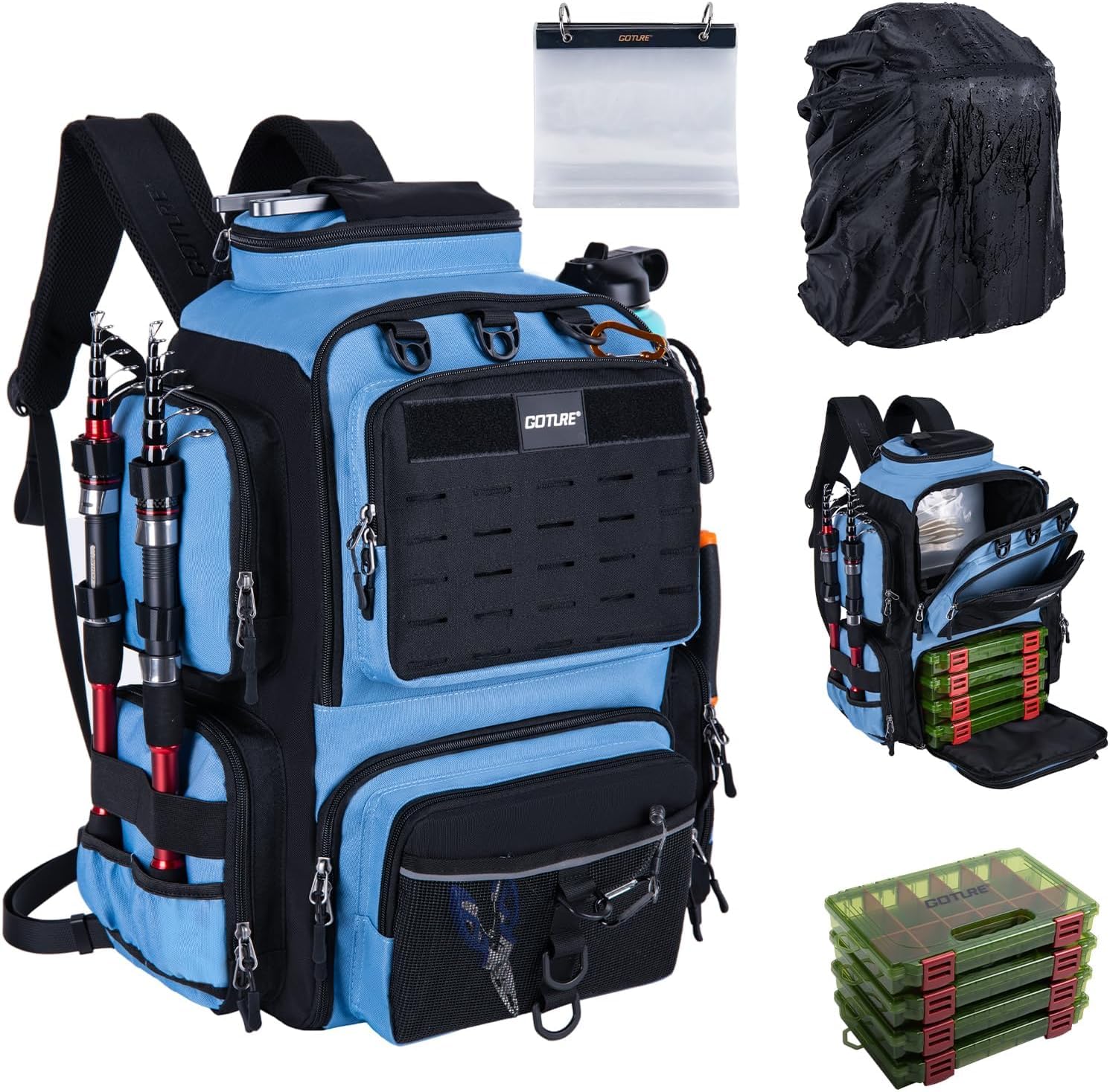 Goture Angelrucksack mit 4 Köderbox Angeln, 45-Liter Angelzubehör-Rucksack mit Zwei Rutenhaltern und Regenschutz, 900D Oxford-Gewebe Wasserabweisende Angelgerätetasche mit verstellbarem Fach