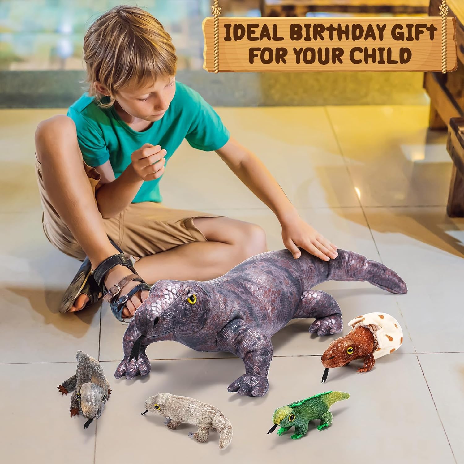 Lenwen 5 Pieces Komodo Dragon Plush Toy Set 26 Inch Monitor Lizard Stuffed Animal with 4 Plush Baby Lizards, Stuffed Komodo Dragon Plush Giant Lizard for Boy Girl Birthday Gift Pet Party Favor