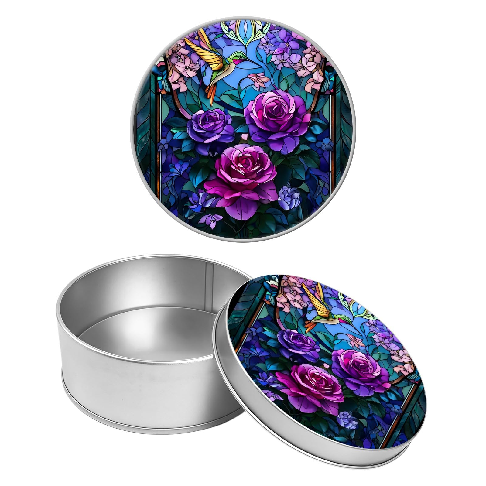 Round Metal Tin Container with Removable Lid, Glass Roses Durable Metal Storage Box for Crafts Snacks Candies Office Supplies Small Items 3.54 x 1.38 inch– Single Pack