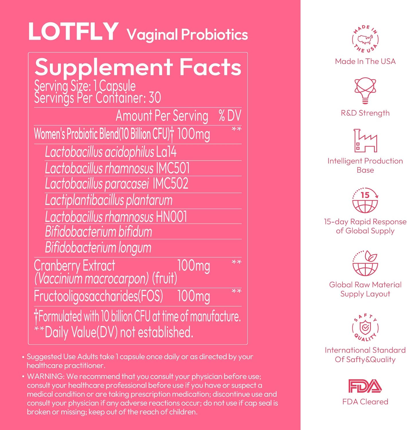Vaginal Probiotics for Women 100 Billion CFU with Cranberry Extract for pH Balance & UTI Support, Plus Prebiotics & Lactobacillus, Triple Action for Vaginal, Urinary & Gut Health, 30 Capsules - Image 6