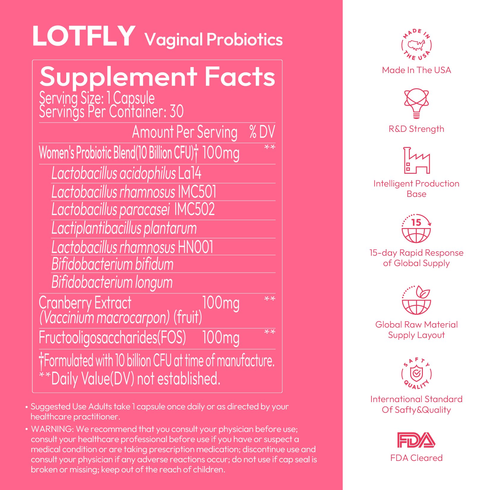 Vaginal Probiotics for Women 100 Billion CFU with Cranberry Extract for pH Balance & UTI Support, Plus Prebiotics & Lactobacillus, Triple Action for Vaginal, Urinary & Gut Health, 30 Capsules