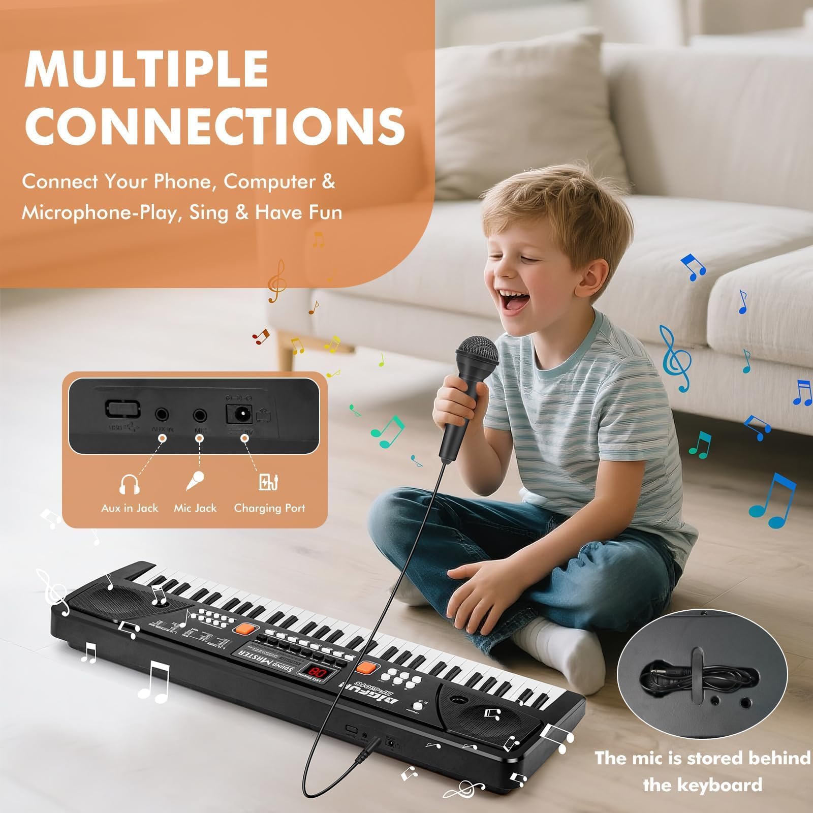 Teclado Piano 61 Teclas Infantil con Pantalla LED Atril Micrófono, Negro | Portátil Electrónico Musical Juguete Regalo Cumpleaños y Navidad para 3 4 5 6 7 8 9 Niños Niñas Principiantes