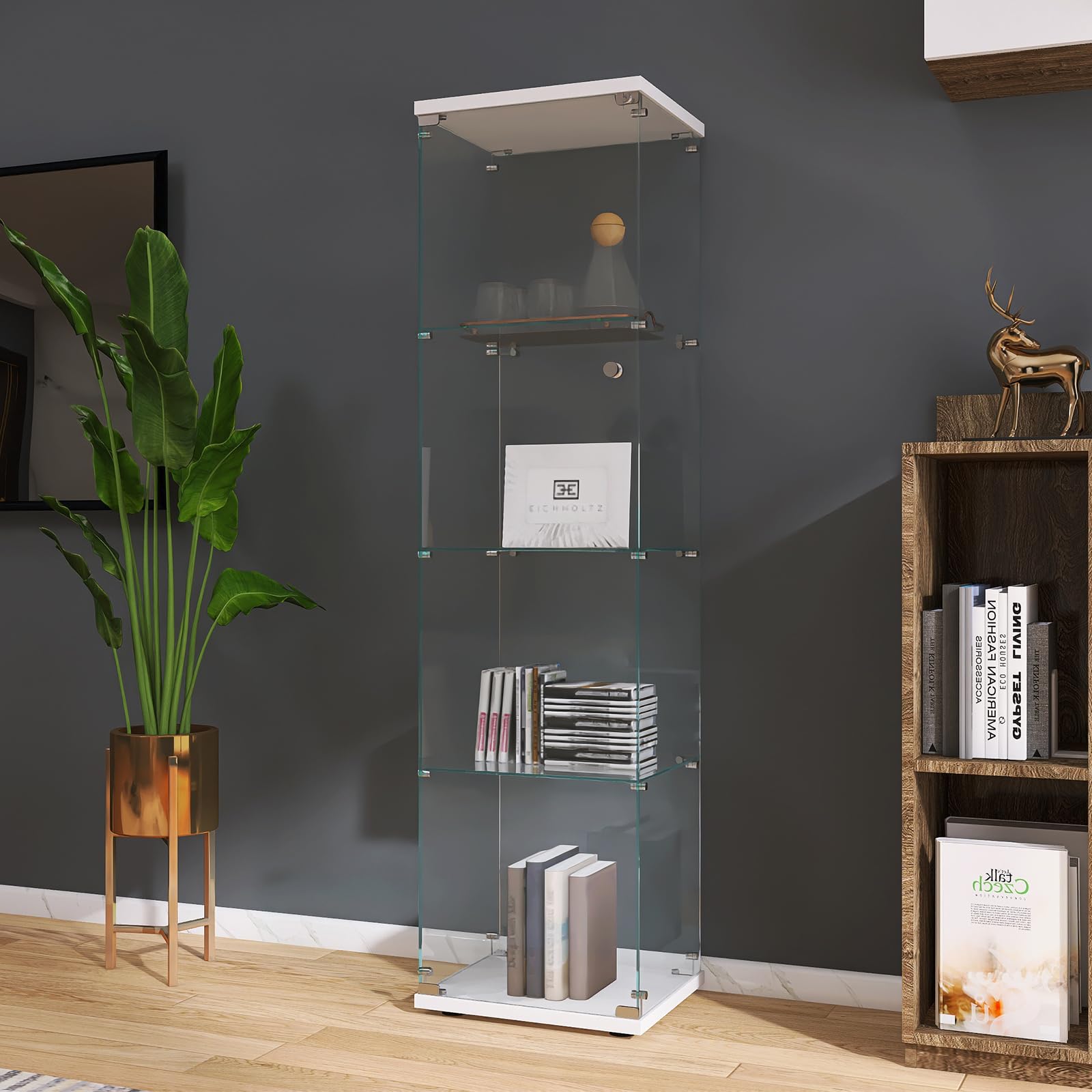 Vetrine di Vetro a 4 Strati, 1 Porta,Vetrinetta Espositiva con Serratura, Vetrinetta Espositiva a Colonna Vetrina Soggiorno con SerraturaVetrinetta in Vetro per Soggiorno 164×42.5×36.5cm