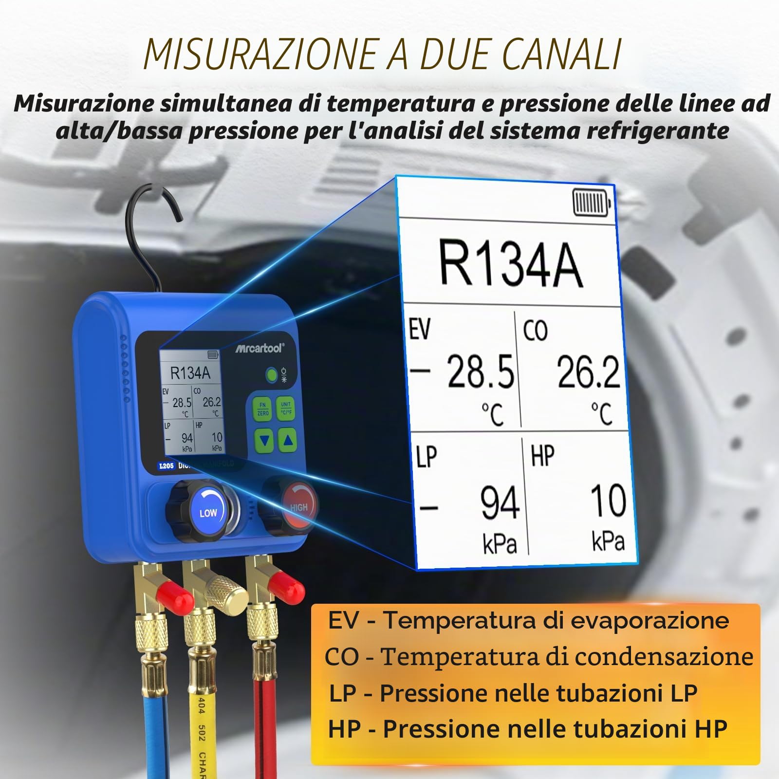 Refrigerante aiuto per il montaggio, distributore digitale con 92 refrigeranti, dati digitale, indicatore refrigerante, L205 HVAC R32 R134A R12 R410A R11