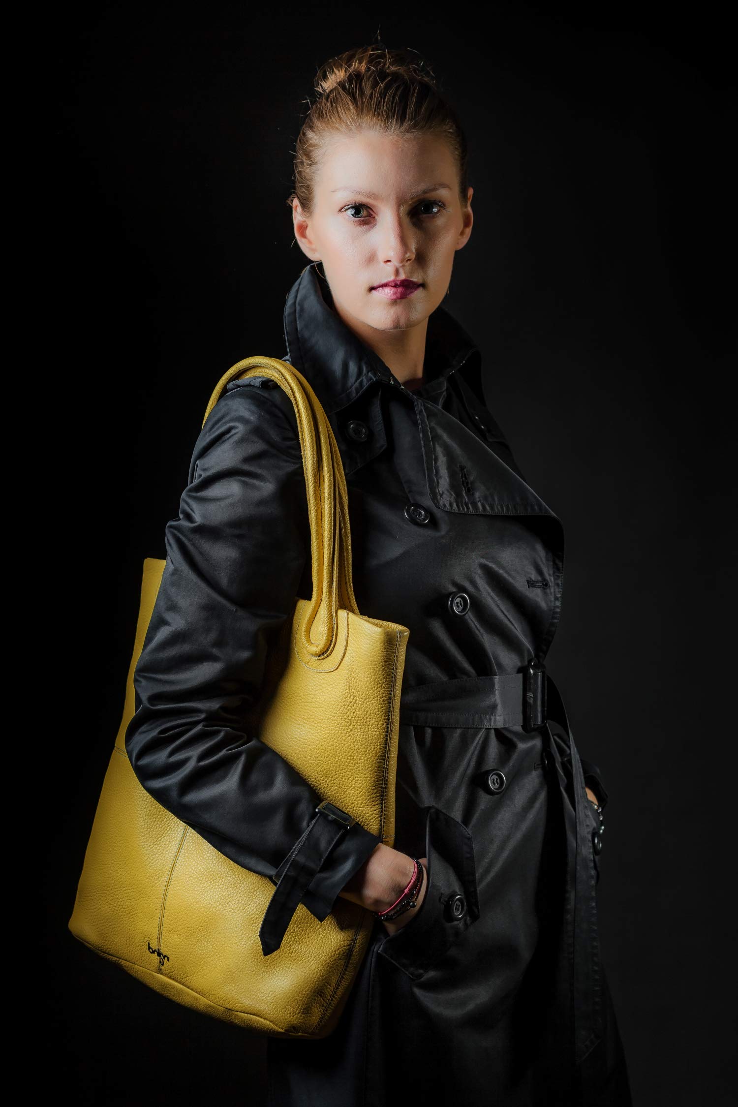 Bolsa Bolso de mano de piel para mujer, diseño Magnifica, grande, color amarillo