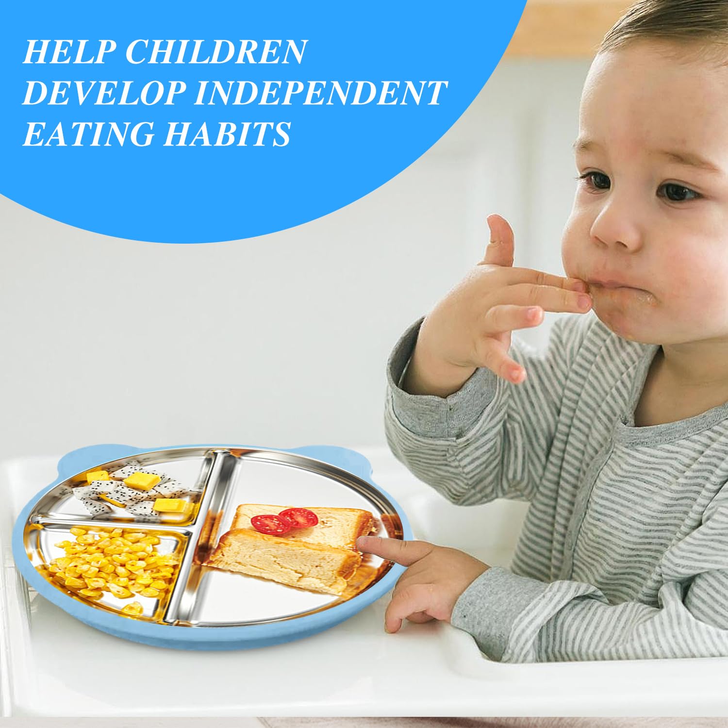 2 platos para bebés con ventosa, sin BPA, plato de acero inoxidable para bebés, plato para niños con funda de silicona extraíble (rosa +azul cielo)