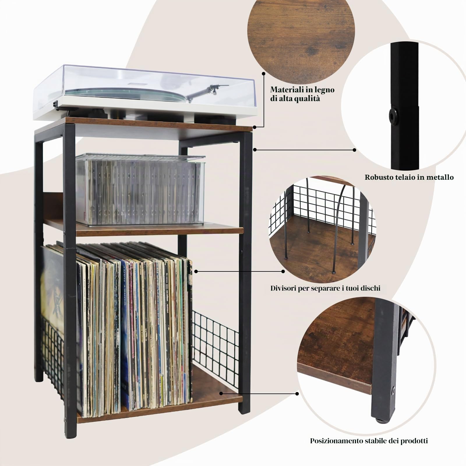 MayRecords Supporto per giradischi, tavolino con 3 ripiani in vinile, supporto per riporre fino a 100 album, supporto marrone per soggiorno, camera da letto
