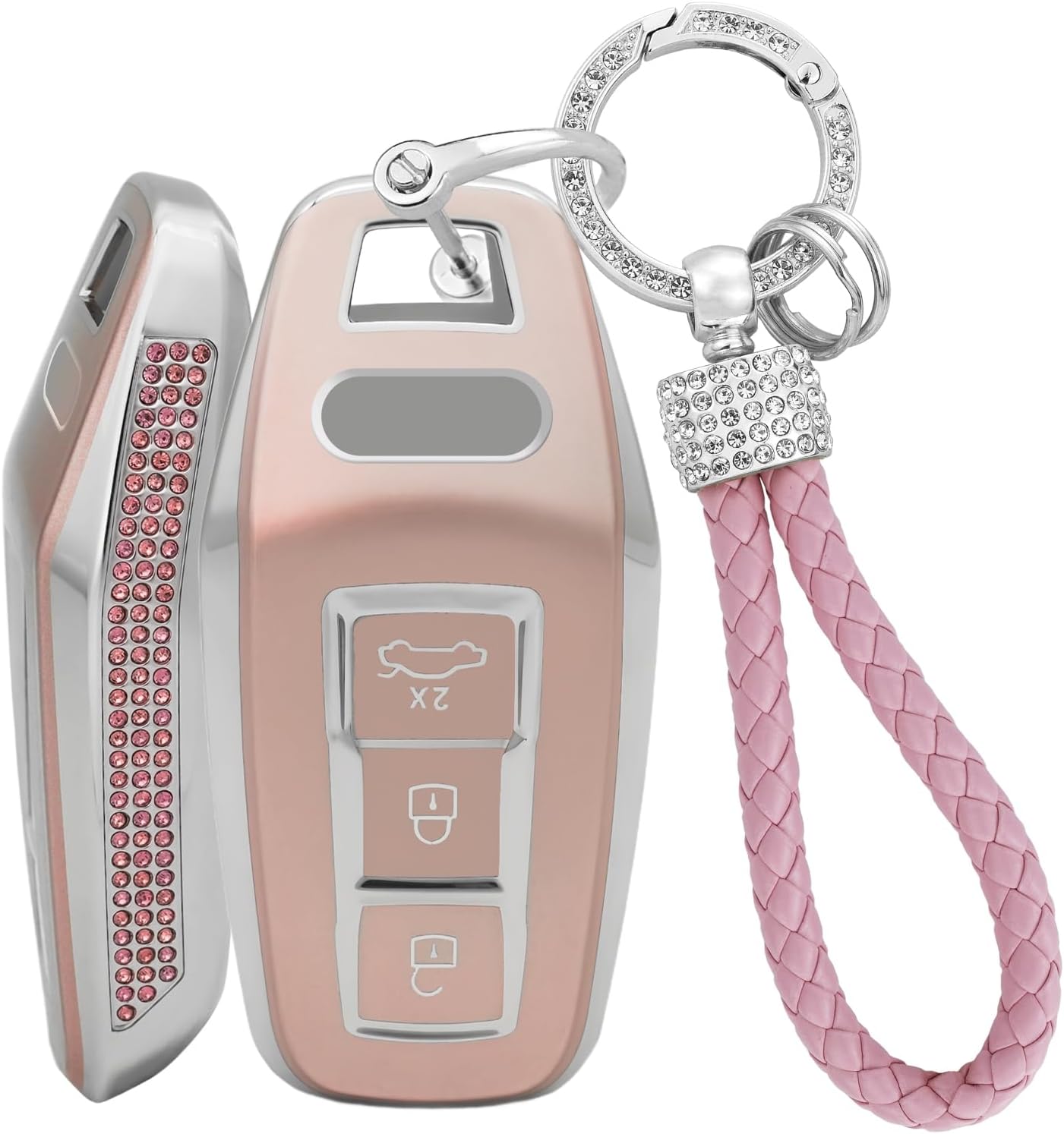 KUNIO For Audi Rhinestone Car Key Fob Cover Case Fit for Audi A3 A5L A6 Avant E-tron Q6 Q5 SUV A6L Q6L Q5 New 2025 Diamond Keychain Full Protection TPU Key Holder Accessories 3 Button B Pink