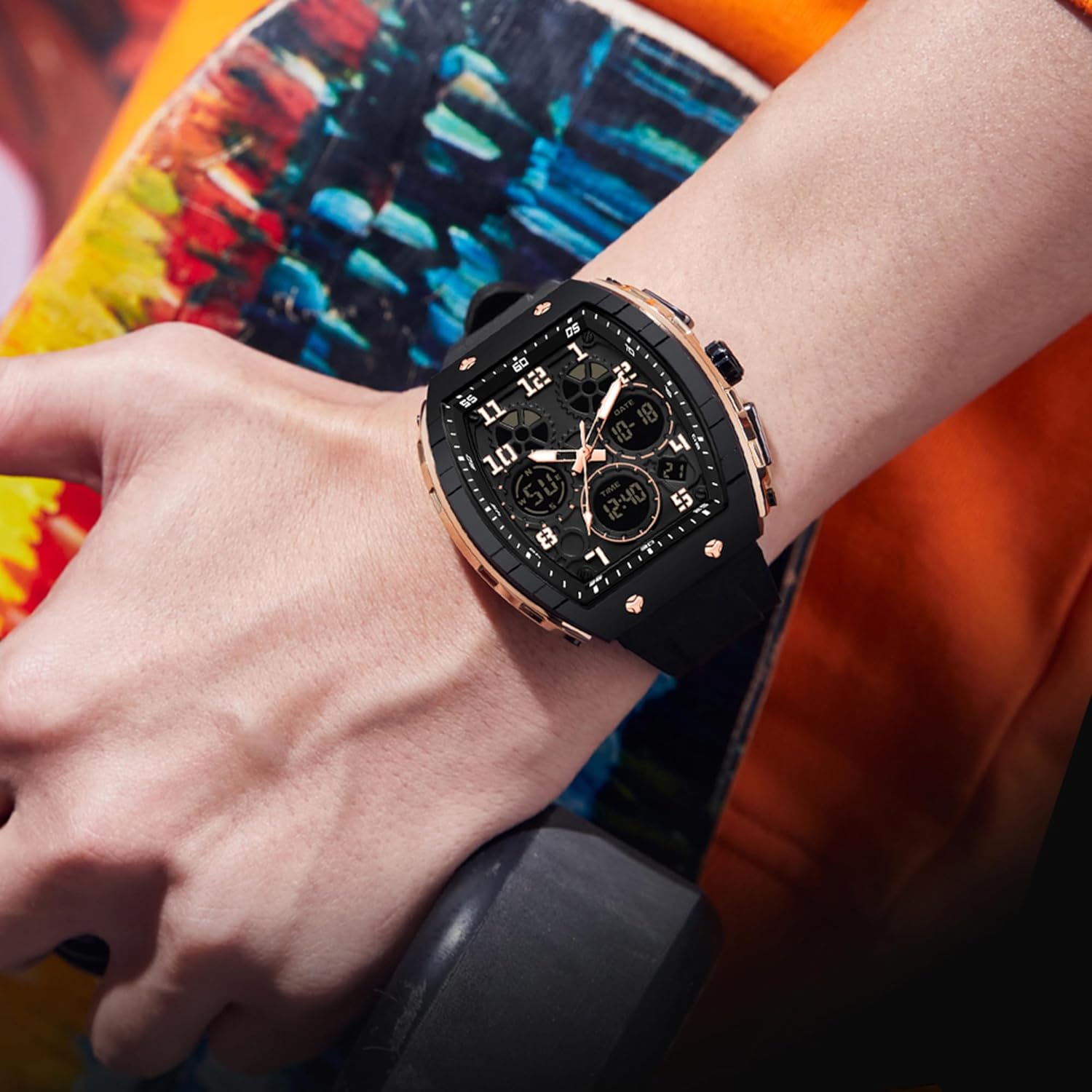 Mens Watches Unique Watches for Men Digital Waterproof Watch Sports Alarm Stopwatch Tonneau Design Punk Analog Wrist Watch Calendar Dual Time Display Silicone Band