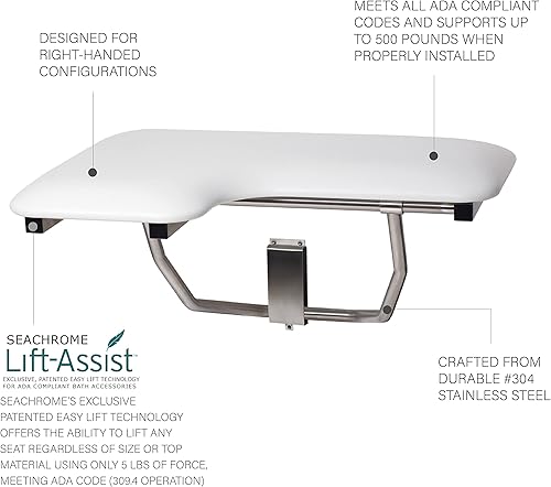 Miniatura 3 de Seachrome Asiento de ducha Lift-Assist, mano derecha en forma de L, ADA, montaje en pared, acolchado blanco Naugahyde