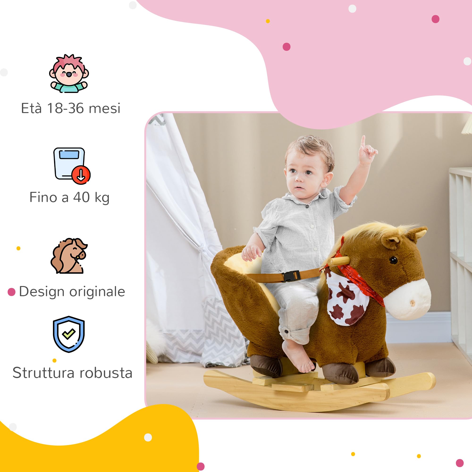 HOMCOM Cavallo a Dondolo per Bambini da 18-36 Mesi, Cavalluccio a Dondolo per Bambini Cavalcabile con Suoni Realistici, 60x33x50 cm, Marrone