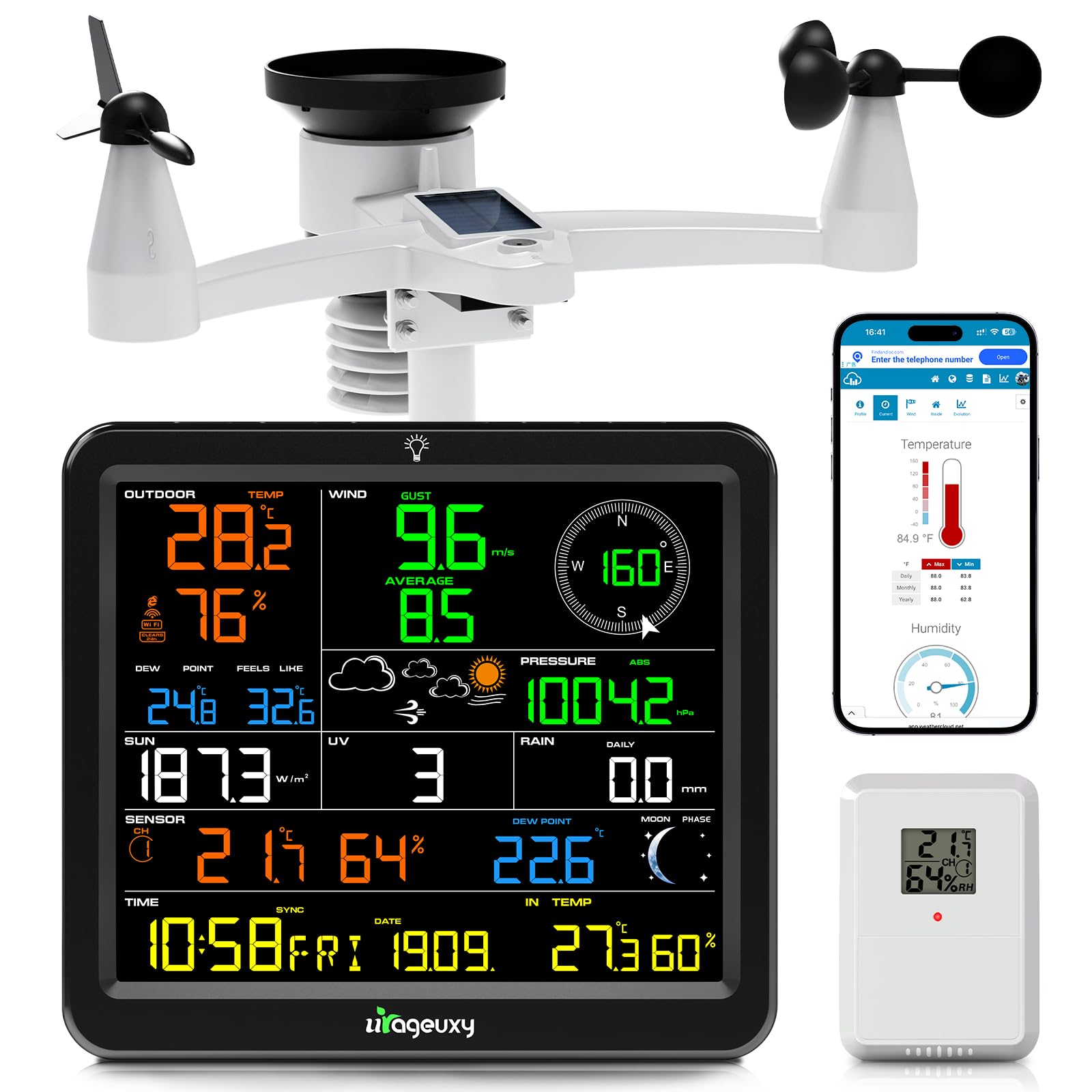 Urageuxy Stazione meteo Wi-Fi con sensore esterno, display a colori da 8,8", sensore 7 in 1 per vento, pioggia, raggi UV, temperatura, umidità, pressione atmosferica, previsioni meteo, fino a 8