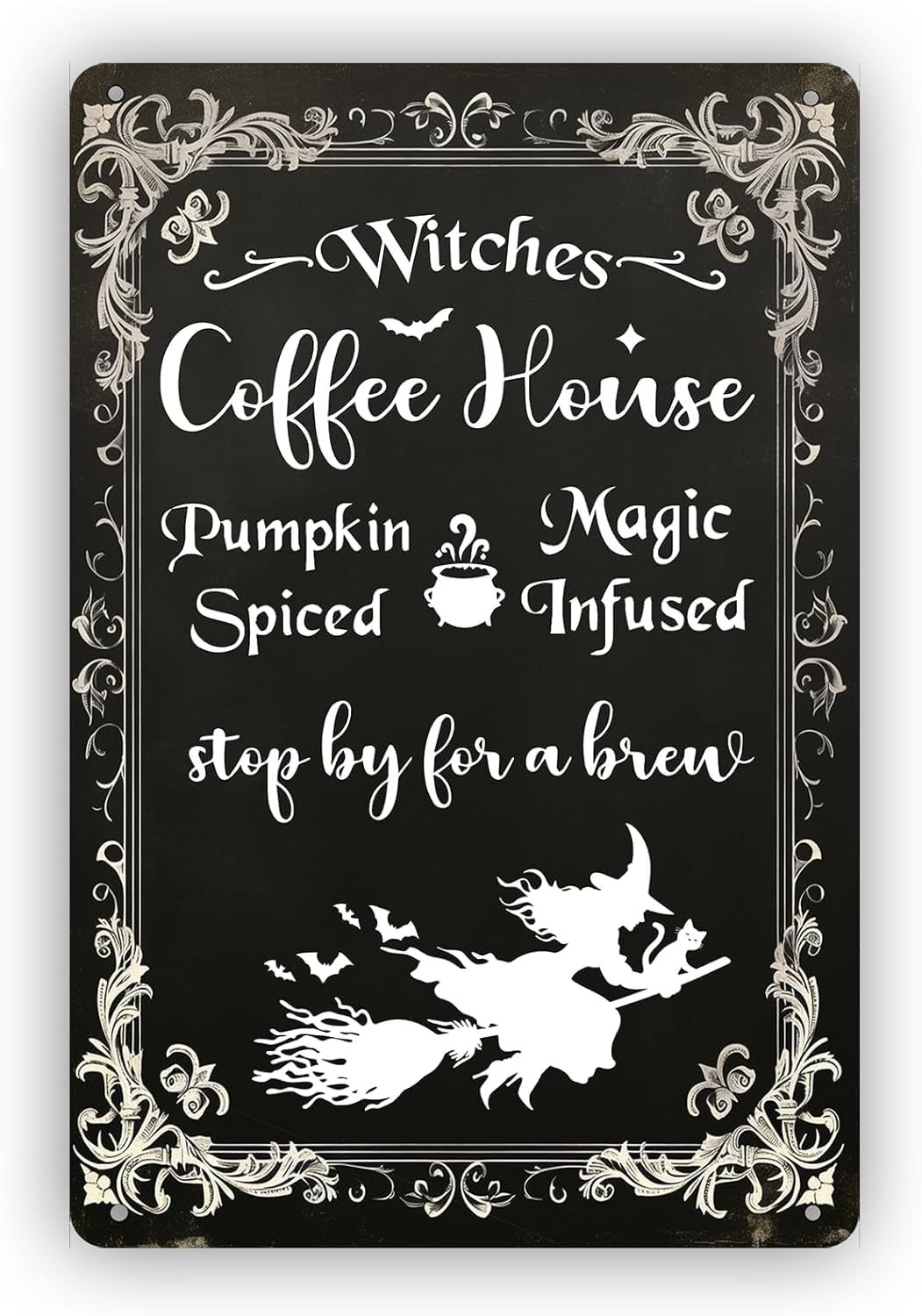 SMAZDFXX Witches Coffee House Tin Sign Vintage Halloween Witch Decorations for Home Coffee Cafe Bar Kitchens Shop Room Door Metal Wall Art Decor Poster 5.5"x8"