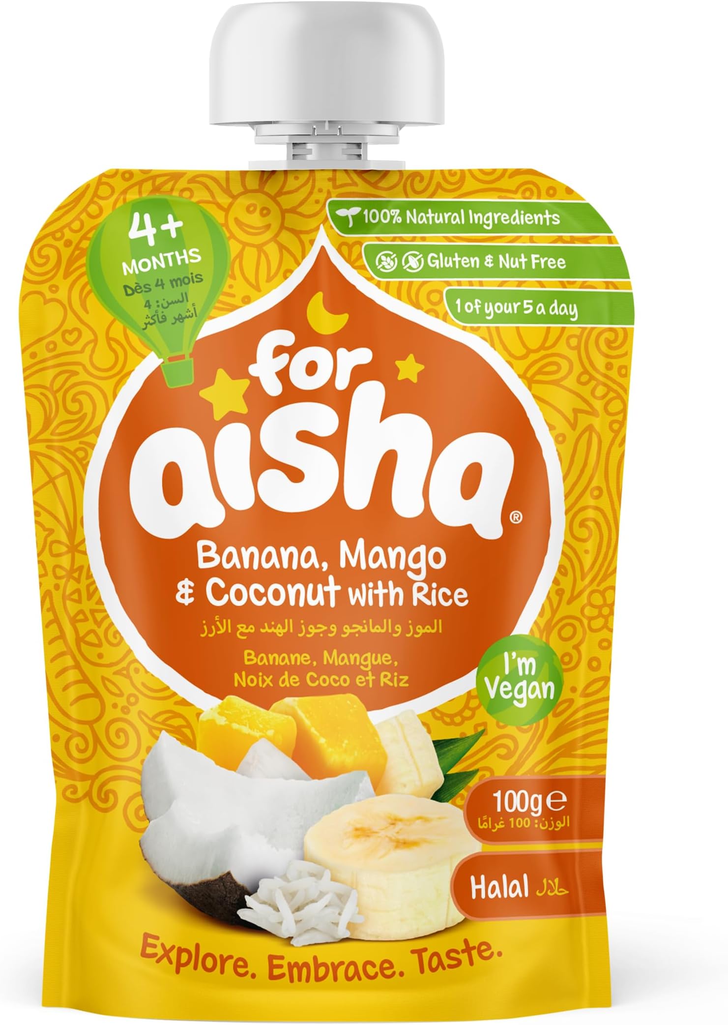 For Aisha (Halal) 4months + pouch 100g - Banana, Mango & Coconut with Rice