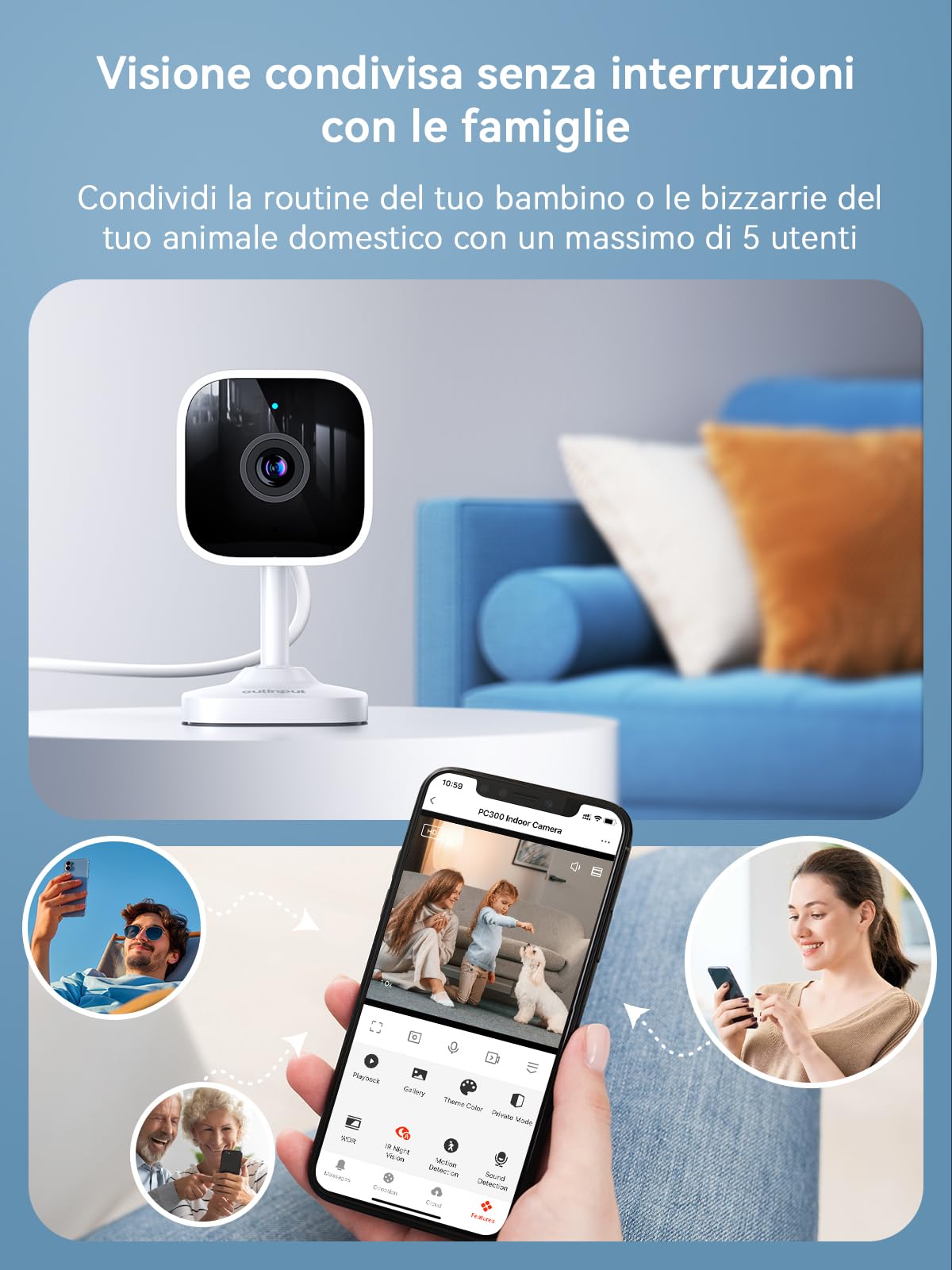 Outinput Telecamera Wi-Fi Interno 2K 3MP, Videocamera Sorveglianza, Baby Monitor, Visione Notturna, Rilevamento di Movimento e Notifiche, Audio Bi-direzionale, Cloud o Archiviazione Locale(Contiene 2)