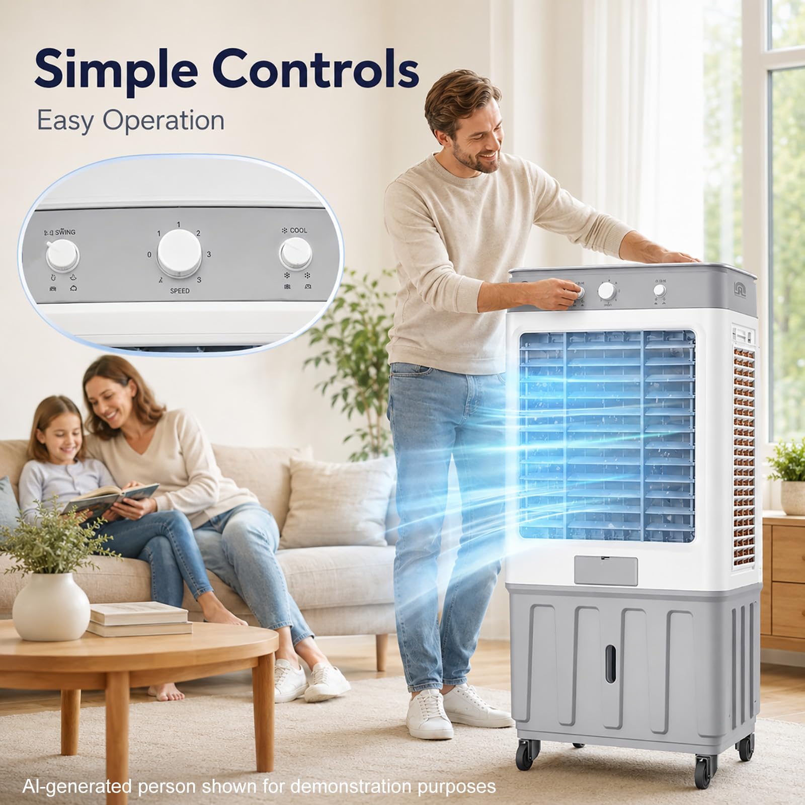 Enfriador Evaporativo Portátil con Oscilación 120°, Ventilador Industrial de Alta Potencia para Hogar, Oficina y Uso Comercial, 4 Velocidades 88cm