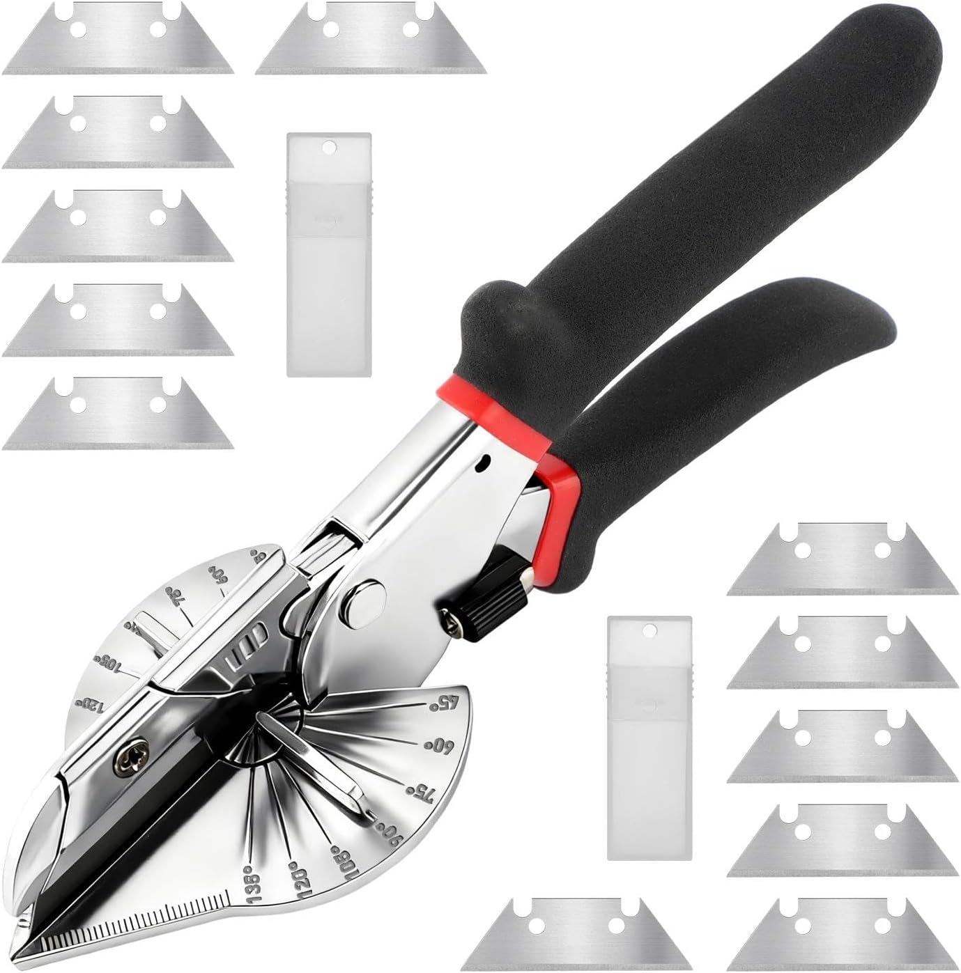Multi Angle Miter Shear Cutter Hand Tools with 12pcs Replacement Sharp Blades, Adjustable 45°-135° PVC Moulding Shoe Molding Angular Trim Cutter Tool