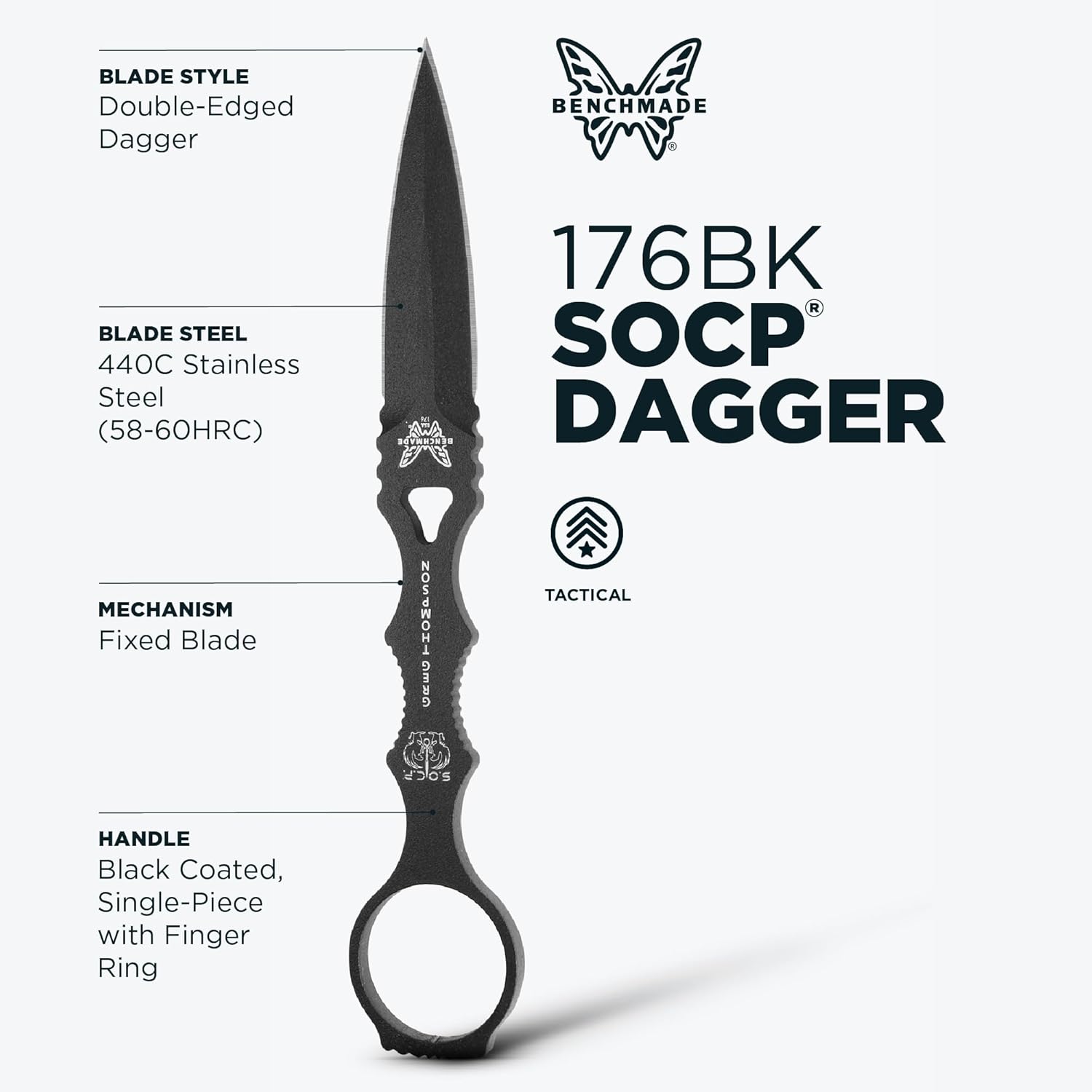 Benchmade - SOCP Knife, Double Edge Dagger Blade, Plain Edge, Black Handle