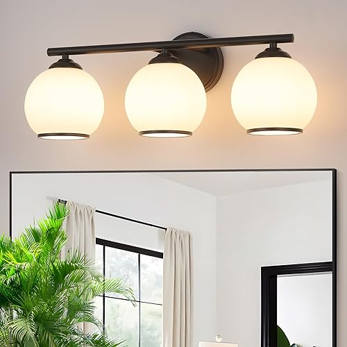 Miniatura 8 de Lámpara de tocador de baño dorada cepillada sobre el espejo, 3 lámparas de baño con pantalla de vidrio transparente de globo, iluminación moderna