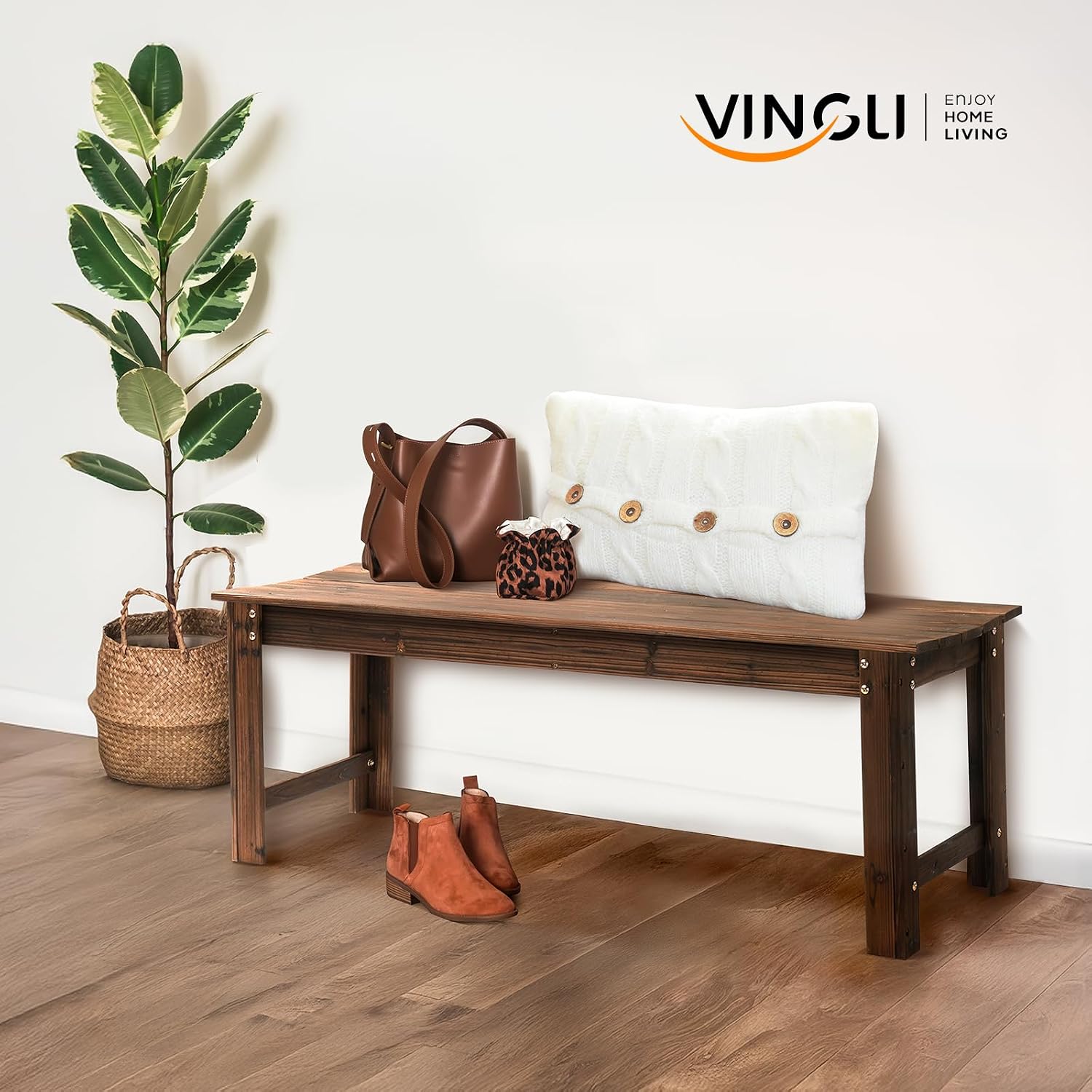 VINGLI Outdoor Wood Bench, 48" Outdoor Bench Patio Wooden Bench Garden Bench Outdoor Backless Bench for Deck Patio (Carbonized)