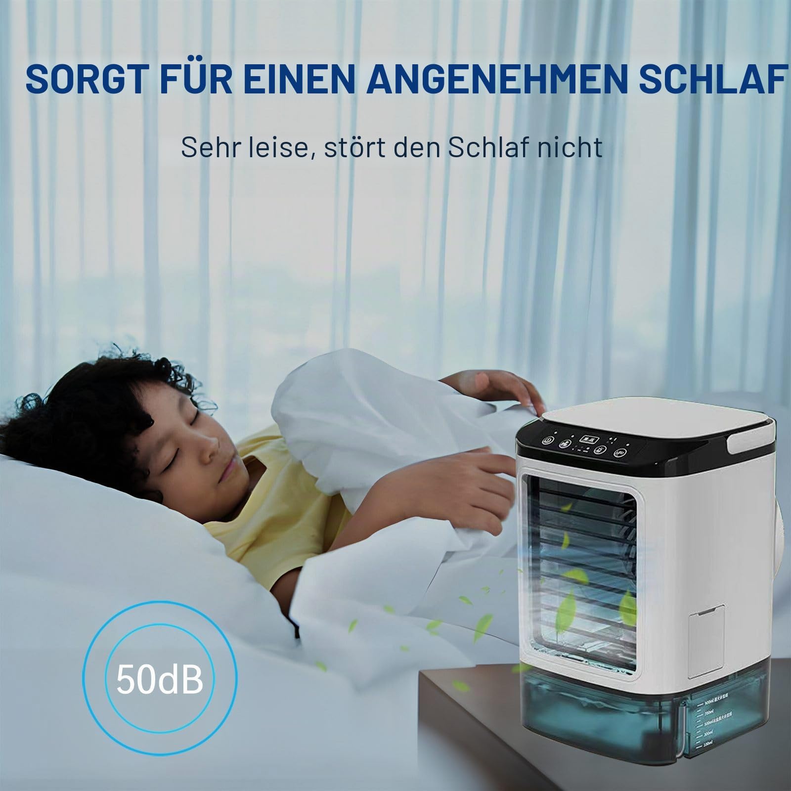 Mobile Klimaanlage 4-in-1 Luftkühler mit Tank 1 l, Luftbefeuchter und Luftreiniger, 3 Geschwindigkeiten, 7 LED-Lichter, leises Klimagerät für Schlafzimmer, Büro