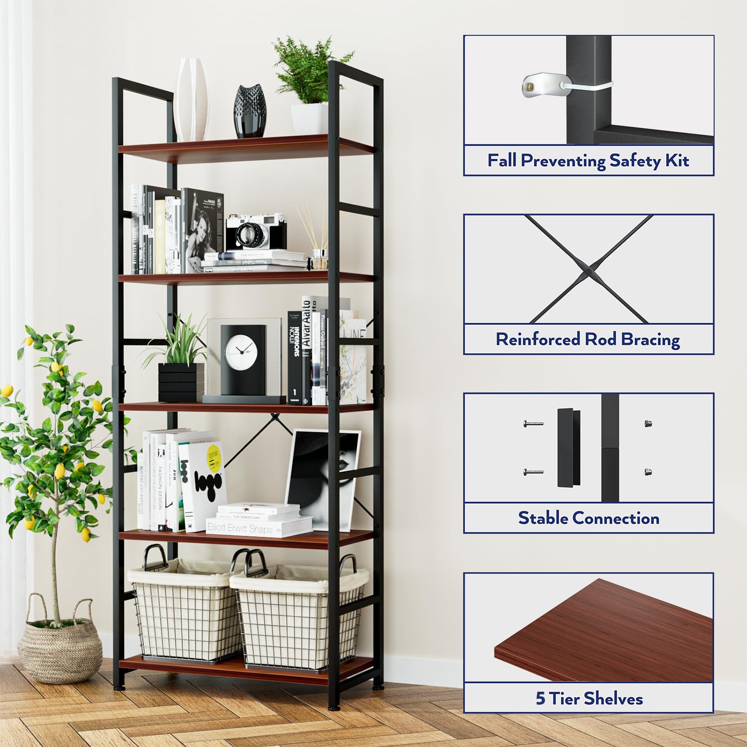 NUMENN - Libreria a 5 ripiani, alta libreria, scaffale moderno per camera da letto, soggiorno e ufficio, in teak