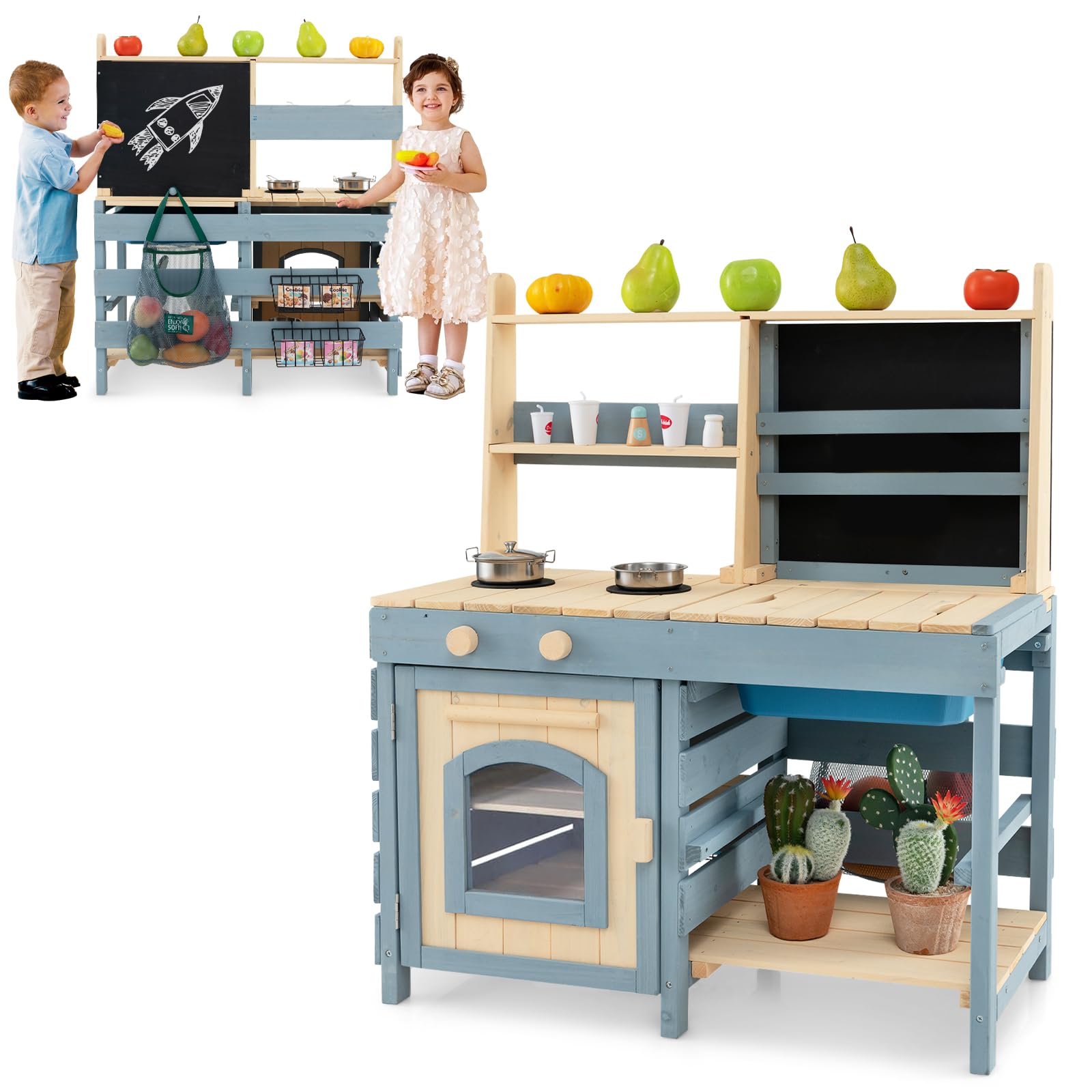 COSTWAY 2 in 1 Kinderküche & Kaufladen, Matschküche Outdoor Kinder, mit Tafel, Metallkörben, Aufbewahrungstasche, Wasserhahn & Waschbecken, Spielküche Holz, Holzküche für Kinder ab 3 Jahren