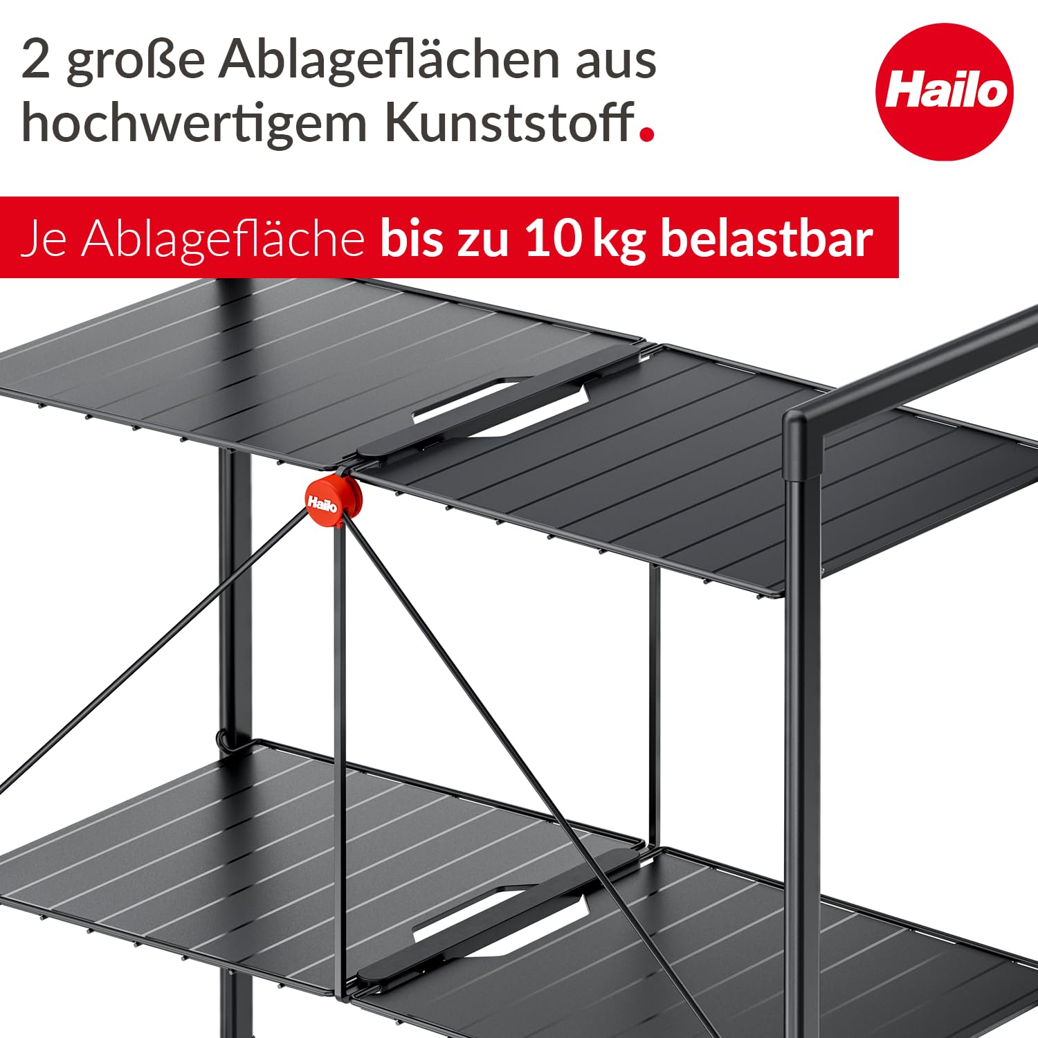 Hailo Quickboard – Mobile Universalablage mit Rollen - klappbar & platzsparend - vielseitig einsetzbar - pro Ablagefläche belastbar bis max. 10 kg - schwarz matt