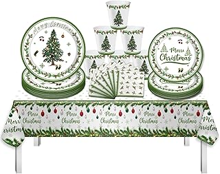97 Pcs Christmas Party Supplies,Merry Christmas Themed Party Set,Xmas Dinnerware Sets,Xmas disposable Tablecloths Plates Cups Napkins,Outdoor Picnic,Home,Dinner Party Decorations Serves 24