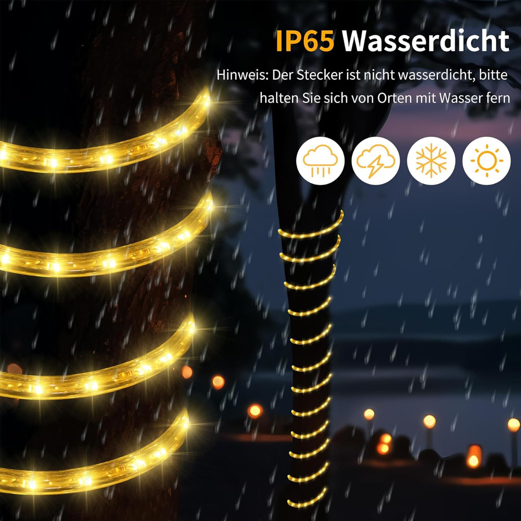 Wąż świetlny LED, 6 m, do użytku na zewnątrz, z pilotem zdalnego sterowania, funkcja pamięci, 216 diod LED, wąż świetlny, na zewnątrz, ciepła biel, 6 trybów jasności, możliwość ściemniania