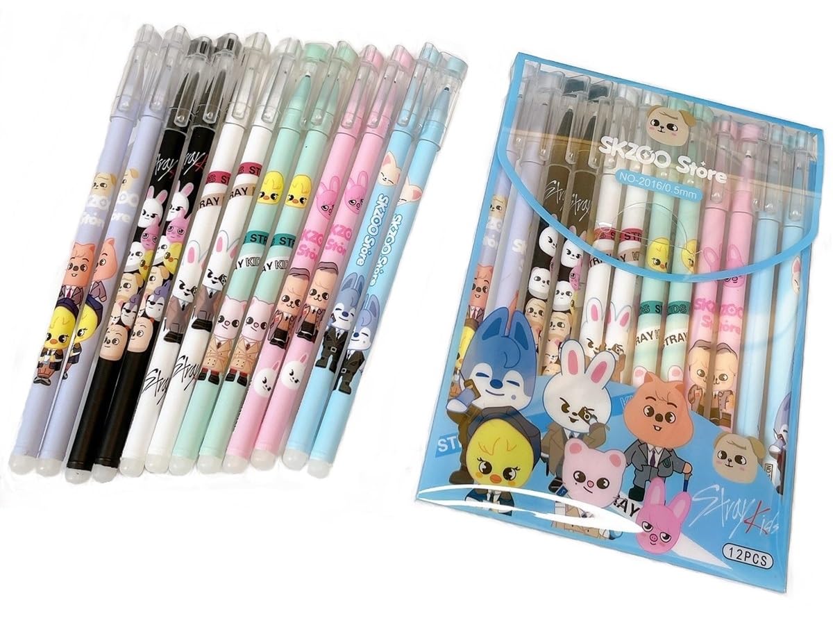 Stray K·ids Pens SKZOO Erasable Ballpoint Pen Stray Kids Merch SKZOO Gel Ink Pens 0.5MM Black(12PCS)