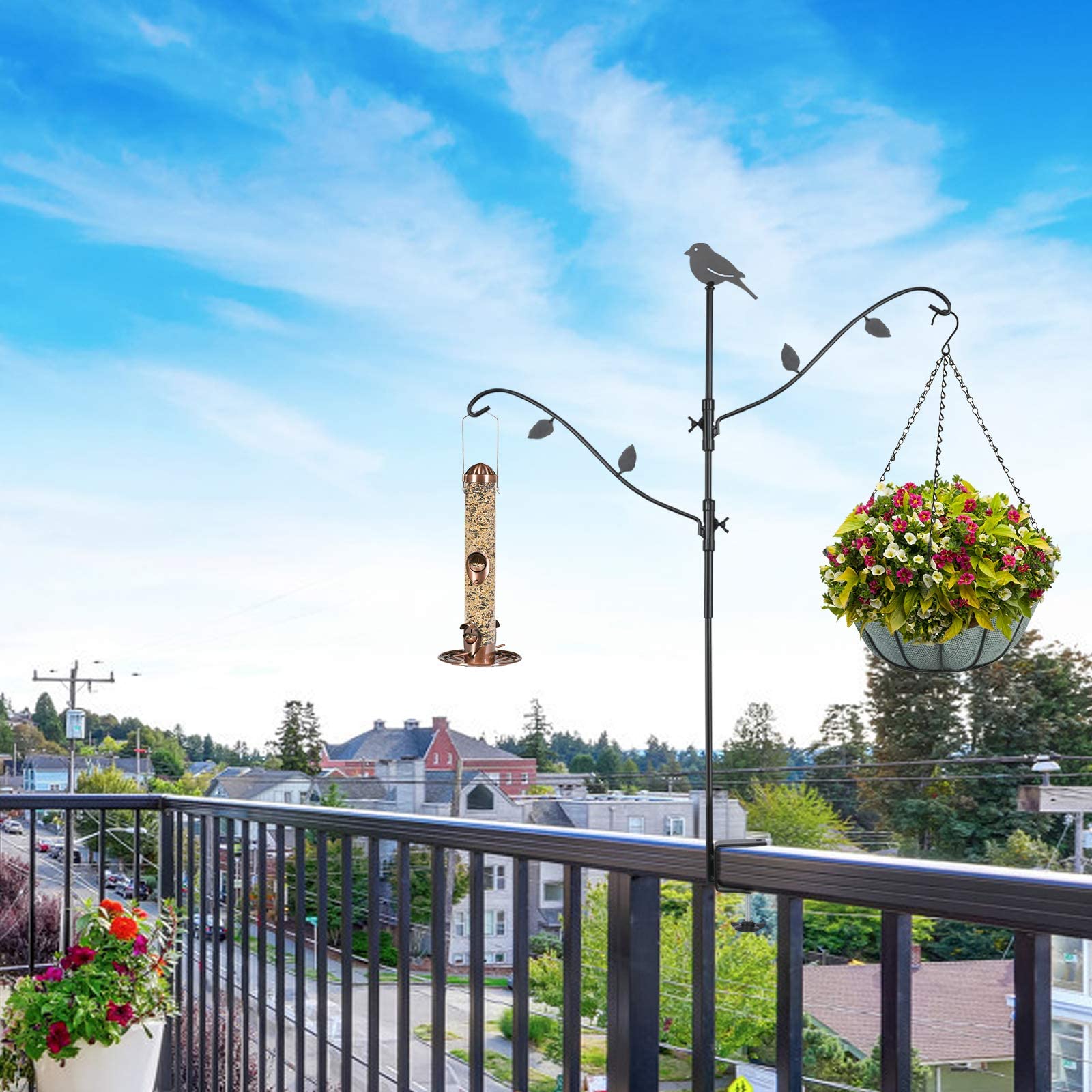 FEED GARDEN Deck Bird Feeder Pole, 42 Inches, Multiple Hooks, Adjustable, Detachable, Heavy Duty Steel, Stable, Black, Bird Feeder Porch for Deck Kit for Outside Bird Feeder and Plant Hangers