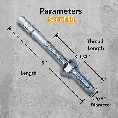 Miniatura 8 de Party Animals Anclaje de cuña de 3/8 x 5 pulgadas, 5 pernos de anclaje industriales cincados para cemento, hormigón