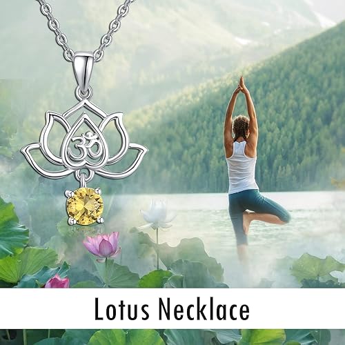 Vista 6 de TANGPOET Lotus Flower with Birthstone Necklace for Women 925 Sterling Silver Om Pendant Necklace Healing Jewelry Gifts for Christmas Birthday with