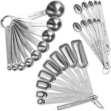 28 Pcs Stainless Steel Measuring Spoons Set with Leveler, Metal Round & Rectangular Spoons plus 2-Pack Mini Spoon Sets for Precise Cooking and Baking, Standard Sizes with Clear Engraved Markings