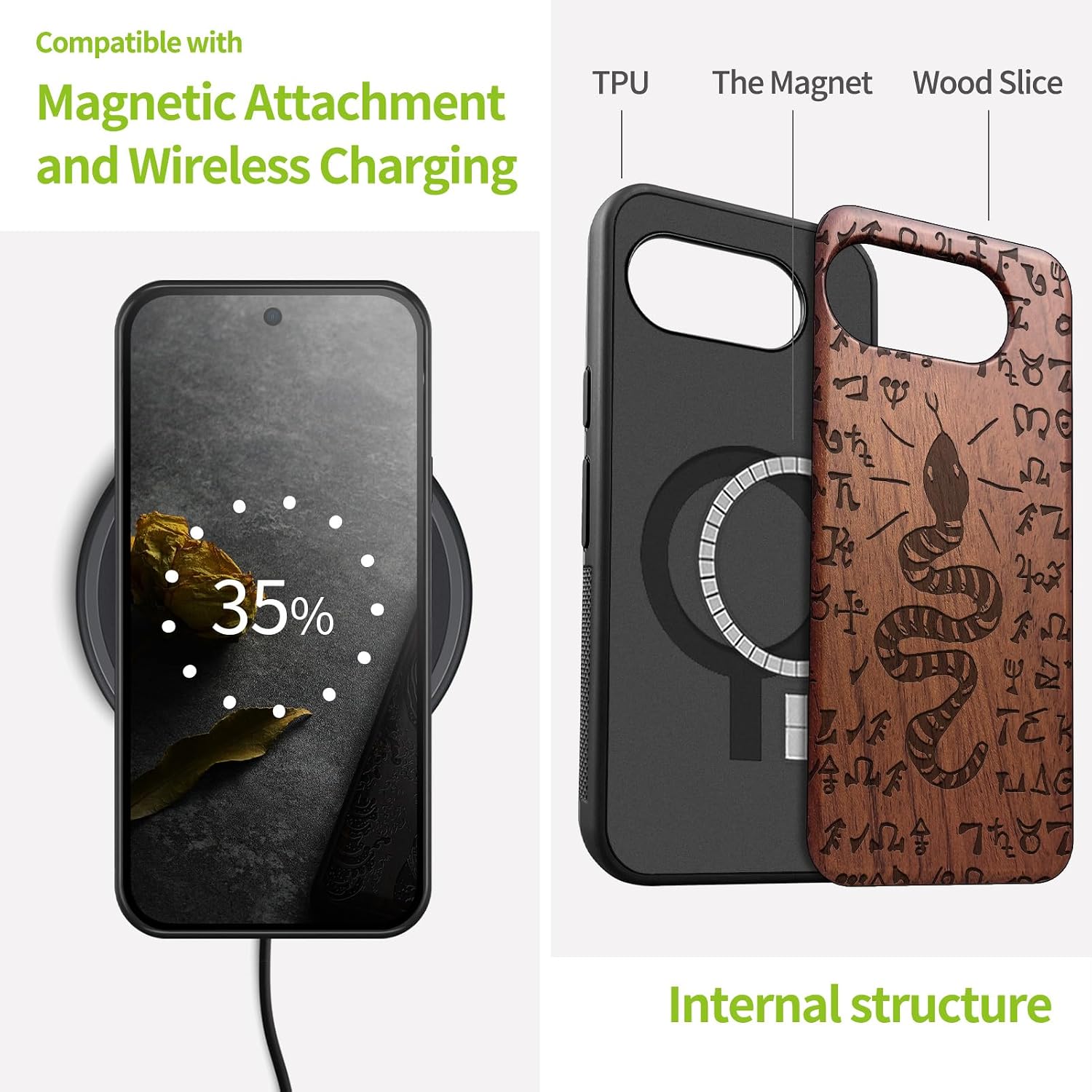 Carveit Magnetic Wooden Case for Google Pixel 10a Case, Wood Artisan Engraved & Soft TPU Shockproof Cover, Compatible with MagSafe Wireless Chargers (Mystic Snake & Spells) Rosy