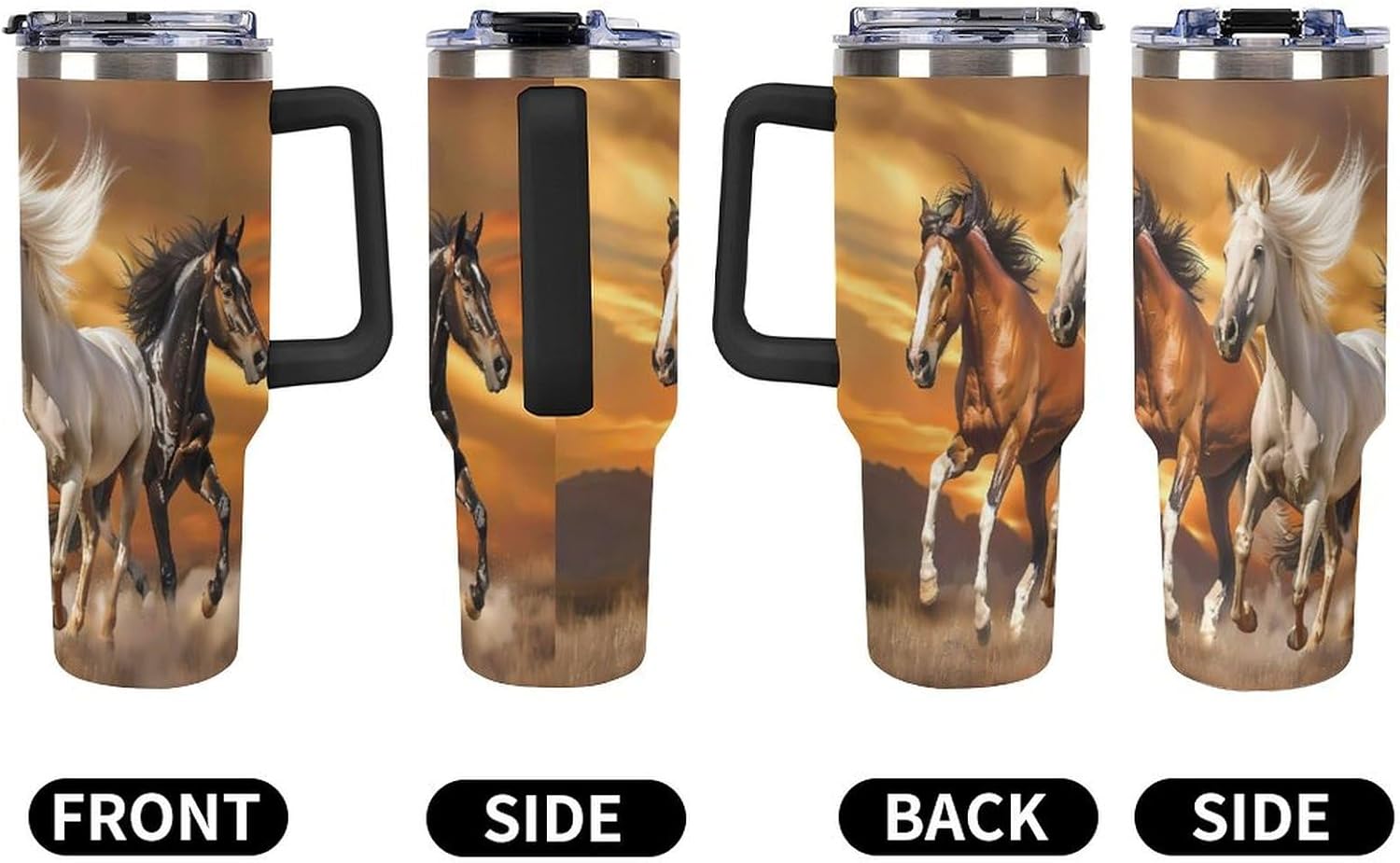 Three Running Horses Tumbler with Handle and Straw Lid Stainless Steel Insulated Travel Mug Large Capacity Car Cup 40 OZ