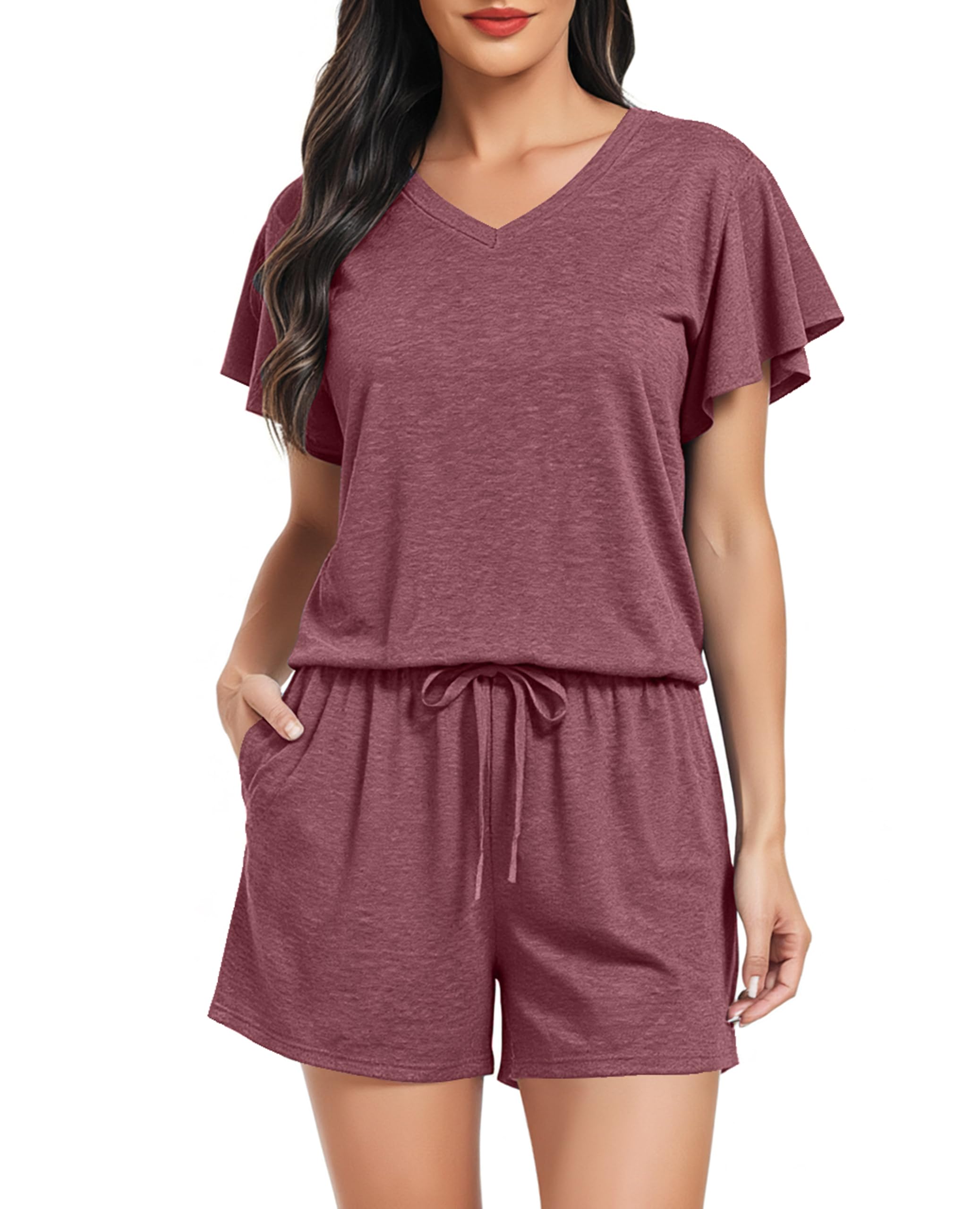 Lovasy Kurzer Schlafanzug Damen Sommer Pyjama Set Kurzarm V-Ausschnitt Schlafanzüge für Damen mit Taschen
