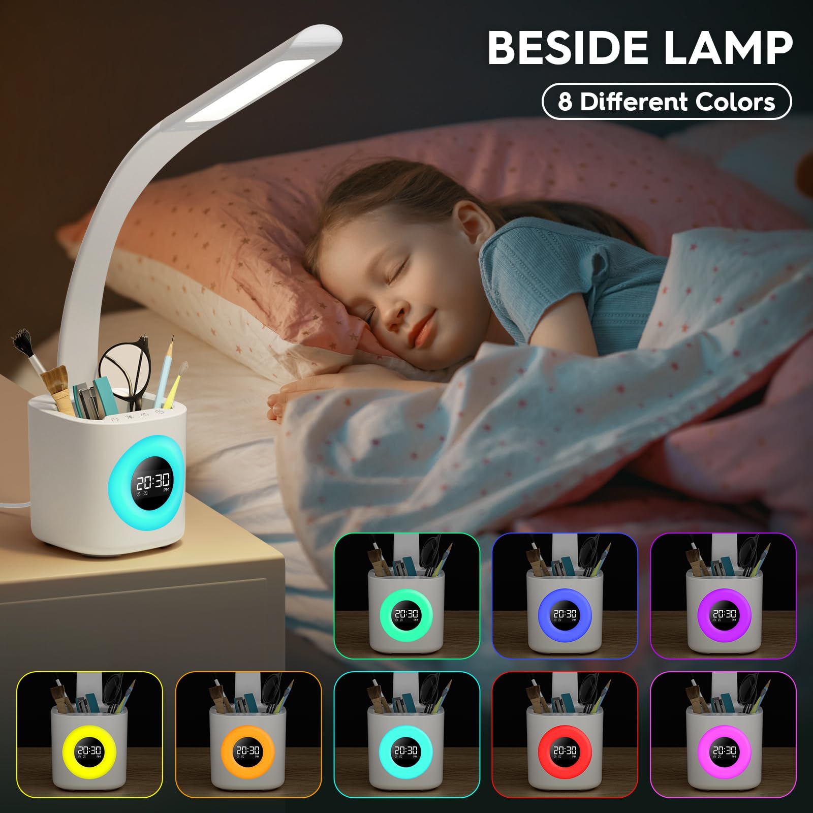 Hokone Schreibtischlampe Kinder, Dimmbar LED Schreibtischleuchte mit Stifthalter, Uhr, Wecker, Farbnachtlicht, USB-Anschluss, 4 Farbtemperatur/5 Helligkeitsstufen für Arbeit, Studium, Büro