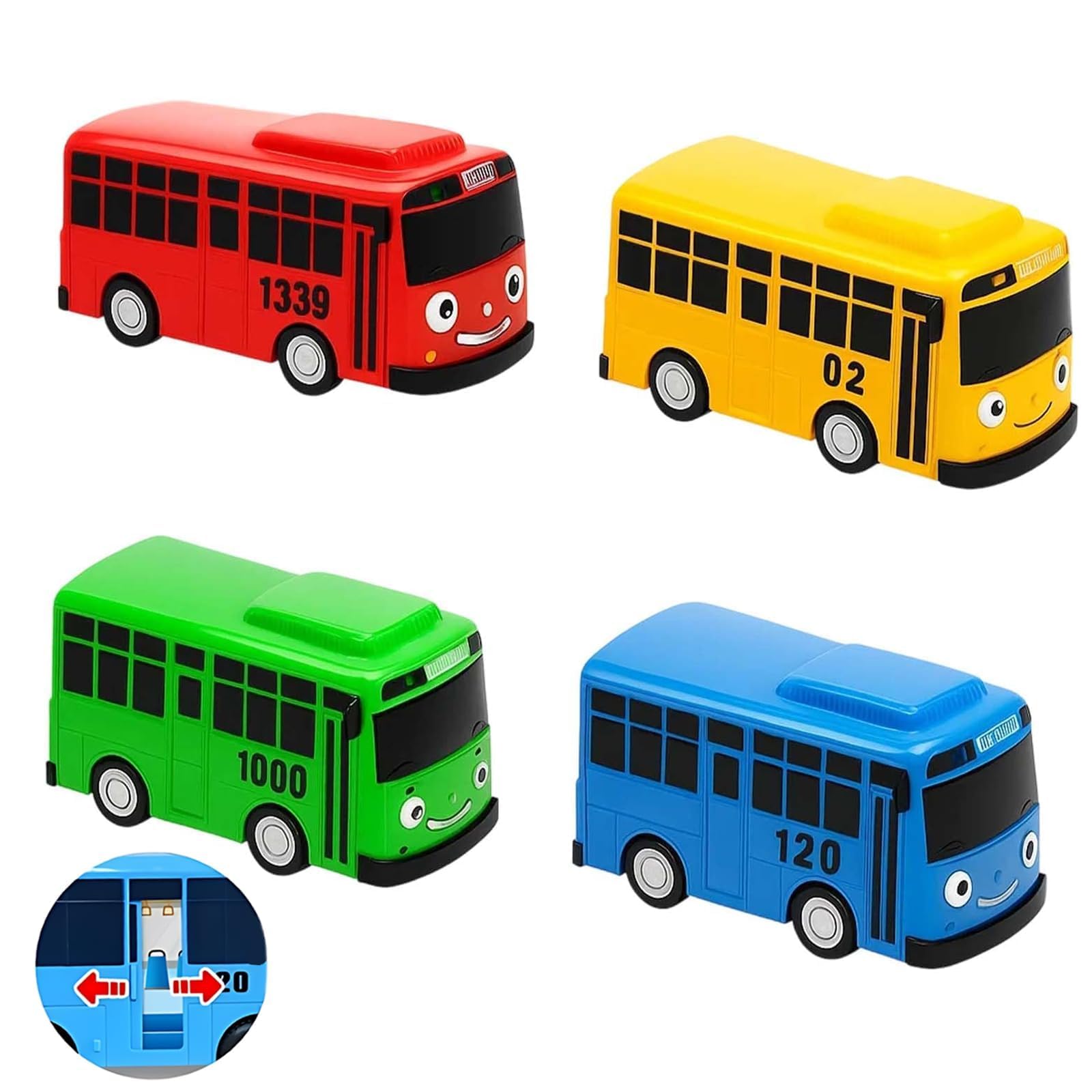 4PCS Green Bus Toy, The Little Bus Toy Set, Educational Vehicle Playset with Moving Wheels and Friendly Character Design for Kids Pretend Play and Learning