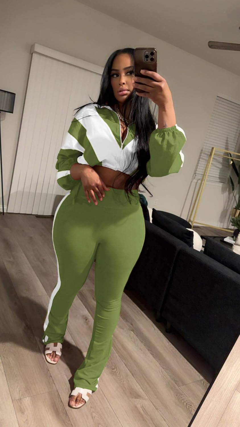 Vssjavun Women 2 Piece Outfit Color Block Long Sleeve Zip Drawstring Cropped Jacket Bodycon Long Pants Set Sweatsuit - Image 3