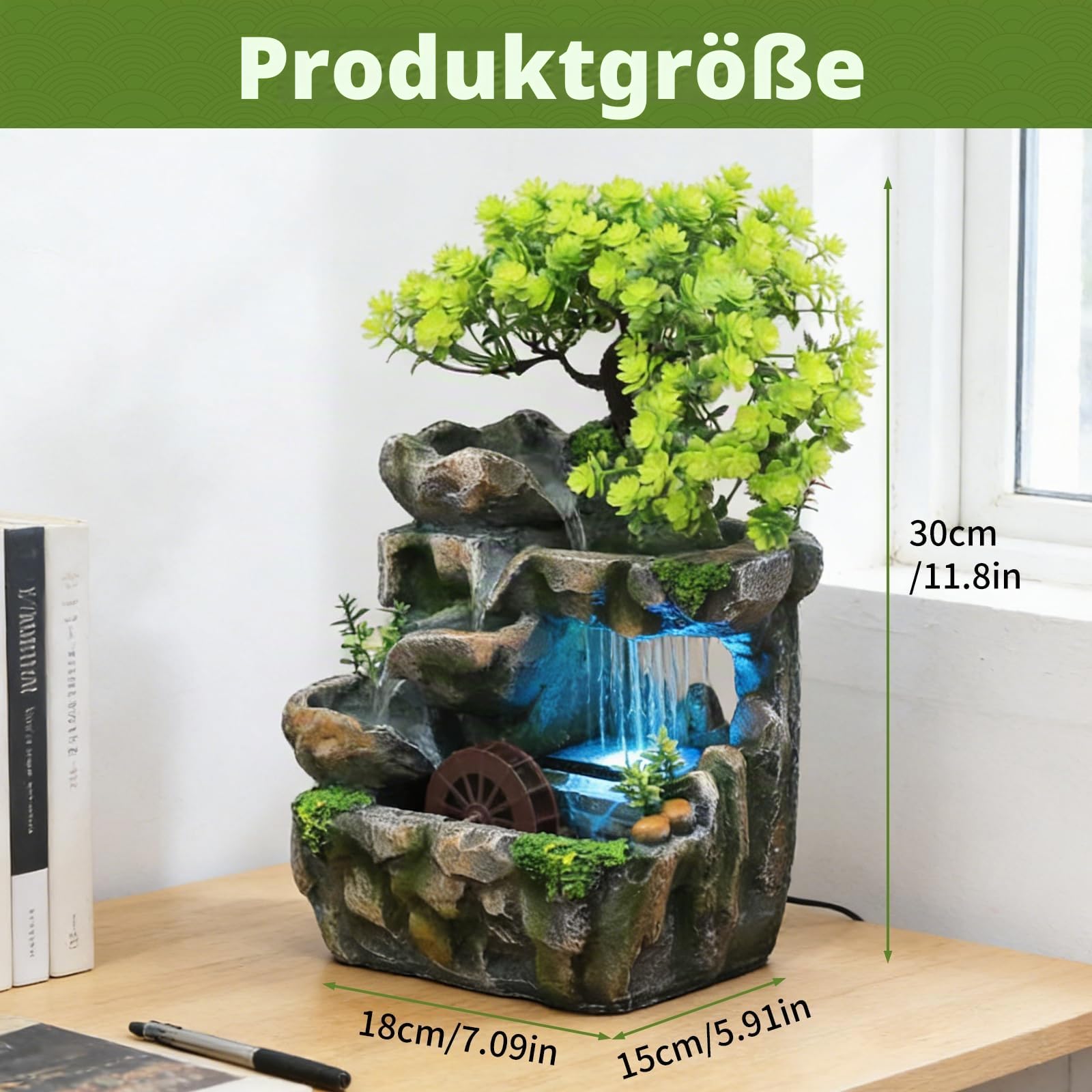 Tisch Zimmerbrunnen Wasserfall, Tischbrunnen mit Wasserrad und LED-Beleuchtung, Zimmer Pflanze Brunnen, Deko Tisch Springbrunnen für Wohnzimmer, Büro und Schlafzimmer (30x18x15cm)