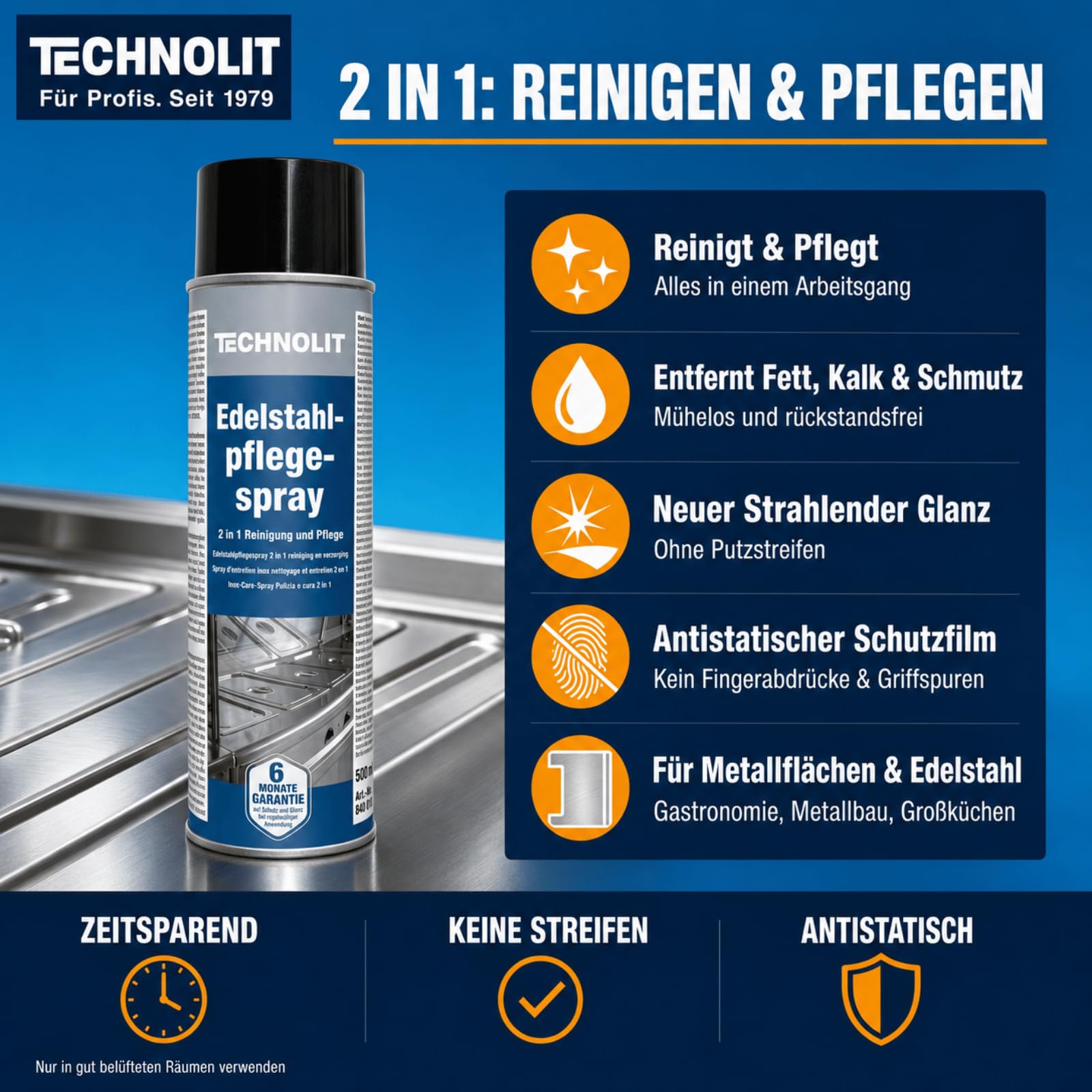 TECHNOLIT CleanBrand Edelstahlpflege-Spray 500ml | 2-in-1 Edelstahlreiniger | Pflegemittel für Metallflächen | Entfernt Fett, Kalk sowie Schmutz | Antistatische Wirkung + Glanz | VA Metallreiniger
