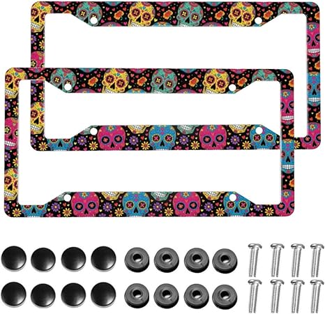 Muishi【2pcs】 Colorful Sugar Floral Skulls License Plate Frame Aluminum License Plate Holder Funny License Plate Decorative with Screws Size 12.3