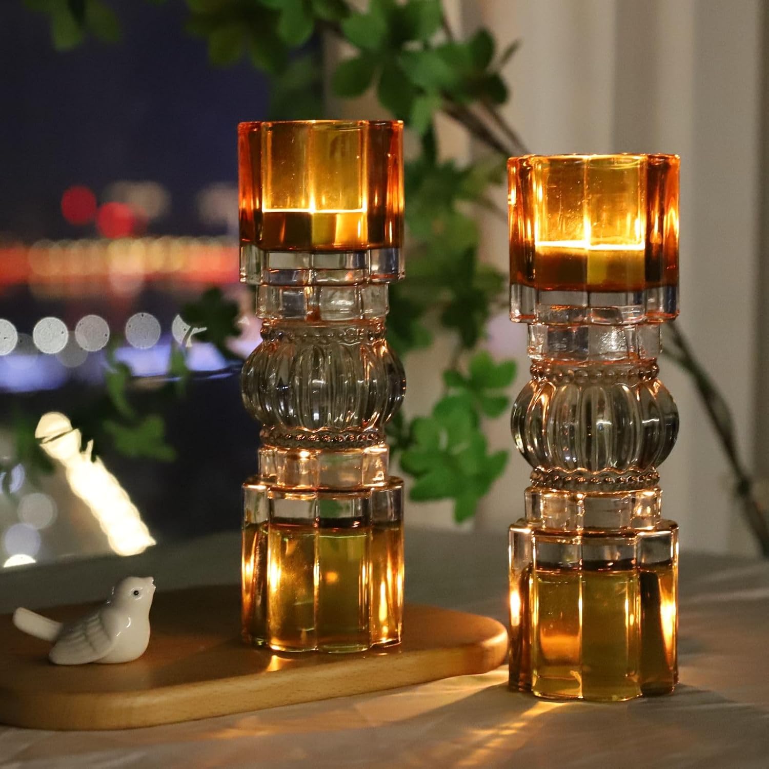 VOHO Amber Votive Candle Holders for Fall Decor, Set of 2 Vintage Tealight Candle Holder for Coffee Table Mantle, Tall Votive Holder Jazzy Glass Mix for Centerpiece(7.87x2.75 in W/H, Shades of Amber)