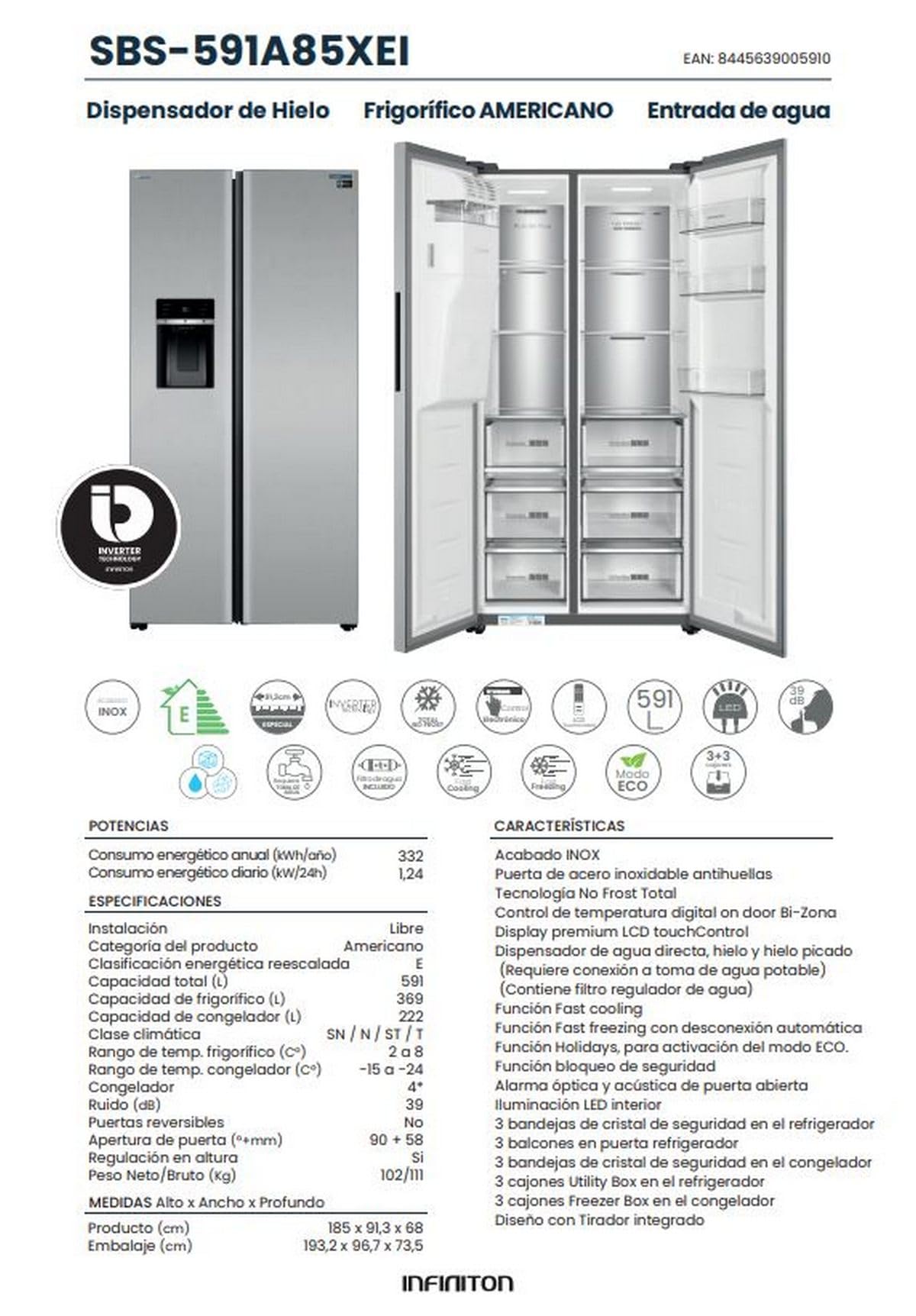 Frigorifico Americano Infiniton SBS-591A85XEI, 591 Litros, Total