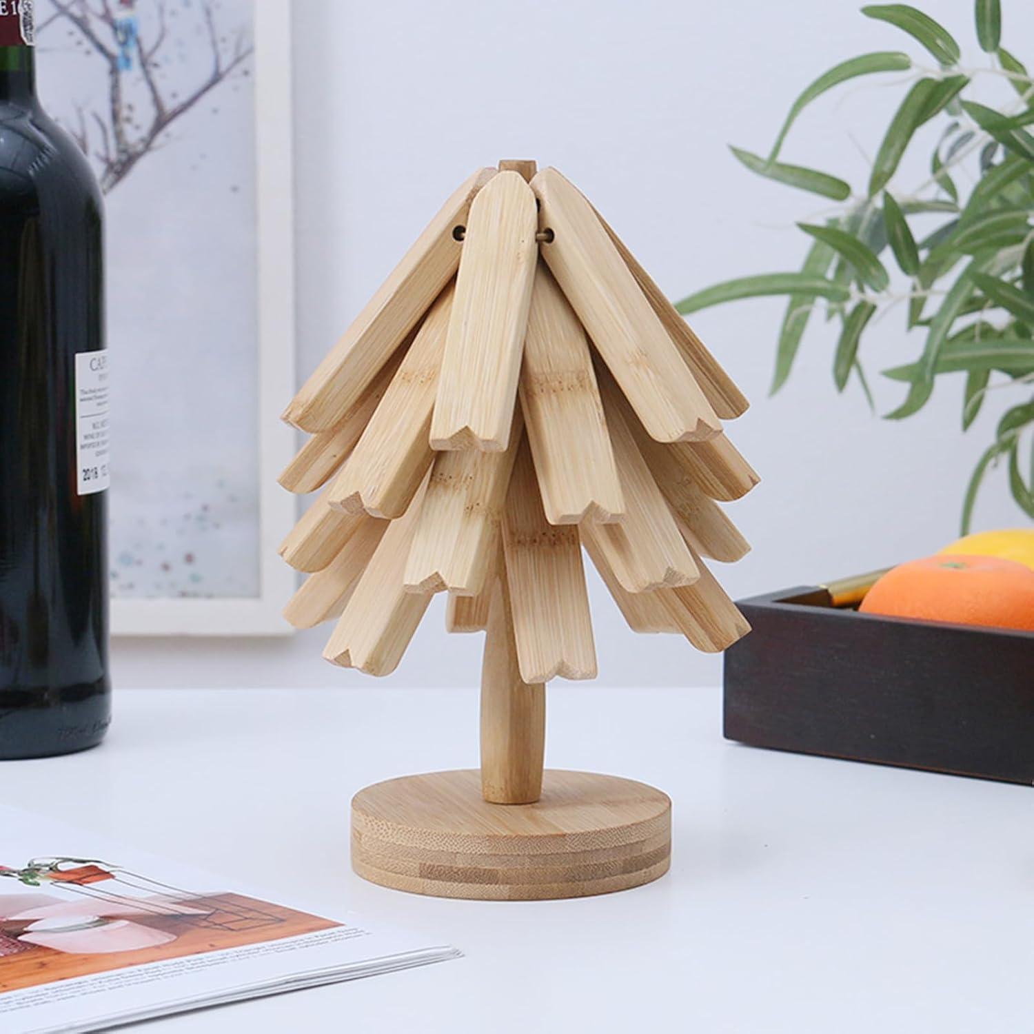 Wooden Trivets for Hot Dishes, Christmas Trivets Tree Shape Set of 4, for Hot Pots & Pans, Heat Resistant Collapsible Coasters, for Teapot Kitchen Counter (Light Brown 4 Layer)