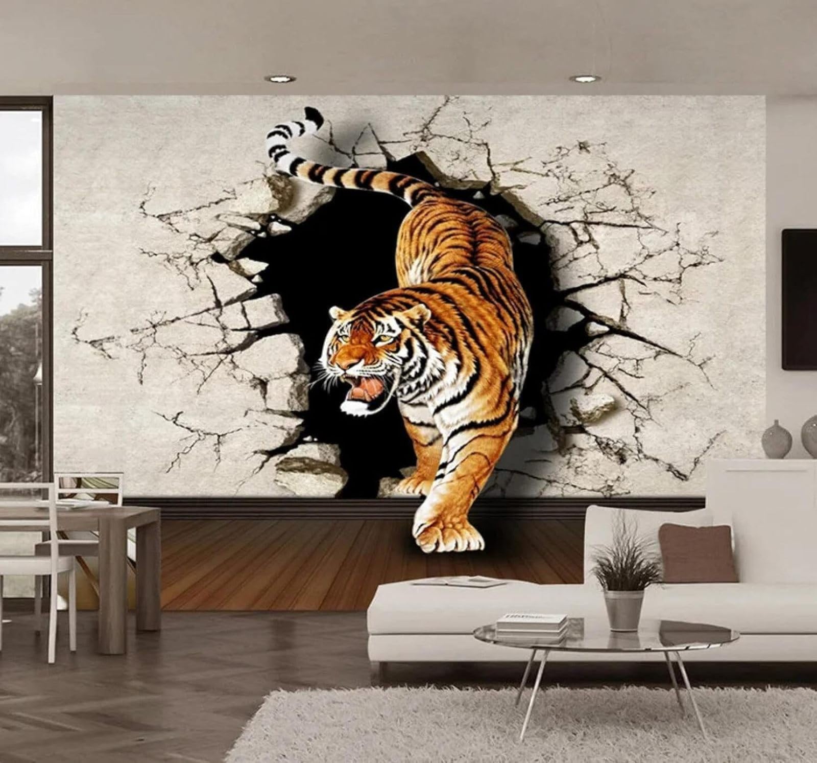 XLMING Creative Three Dimensional Tiger Breaking Through A Wall Unique 3D Wallpaper Luxury Home Dining Decor Paste Sofa Living Room The Wall for Bedroom Mural-350cm×256cm