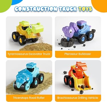 Magnetic Dinosaur Robot & Press and Go Dino Truck Toys Set for Kids, 6-in-1 Magnetic Dino Transforming Robot + Dinosaur Construction Vehicles, STEM Building & Sandbox Play Gift for Boys Age 28